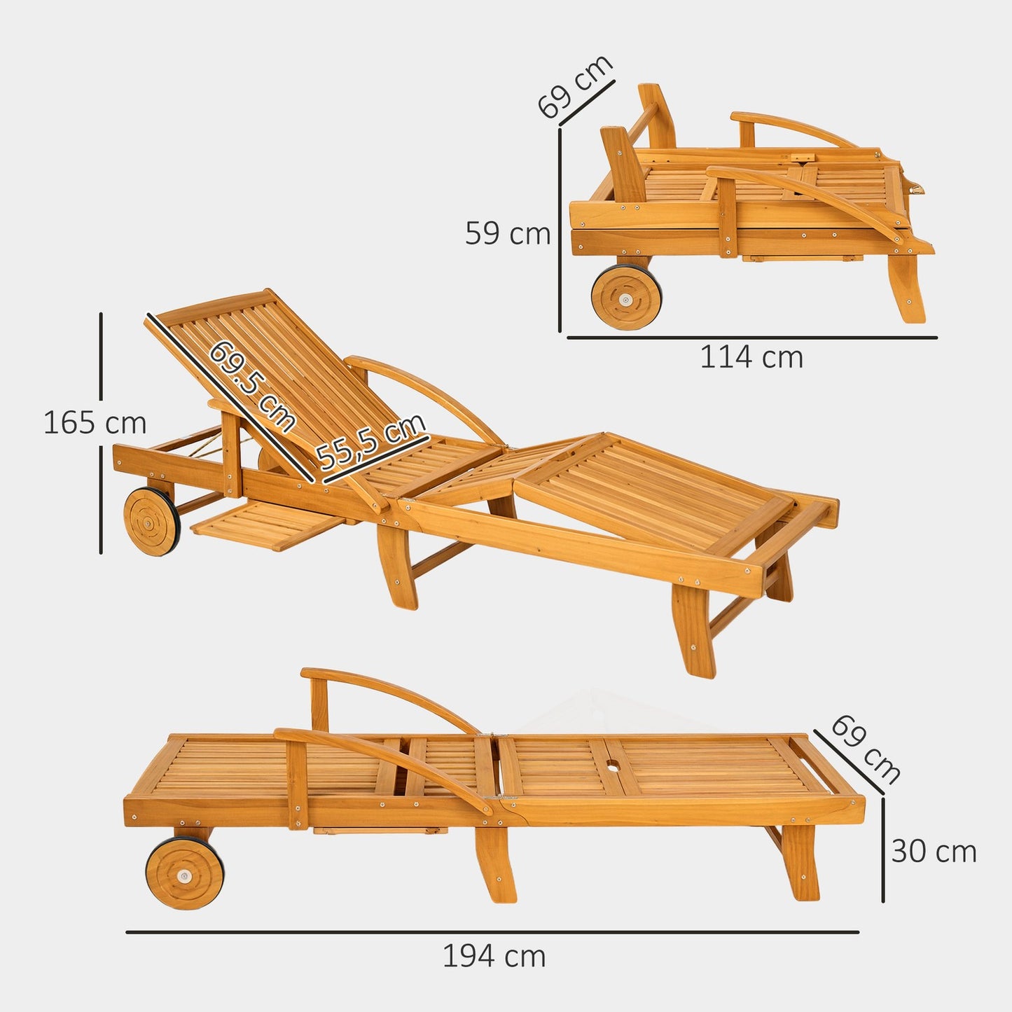 Wooden Folding Sun Lounger with Side Table & Wheels