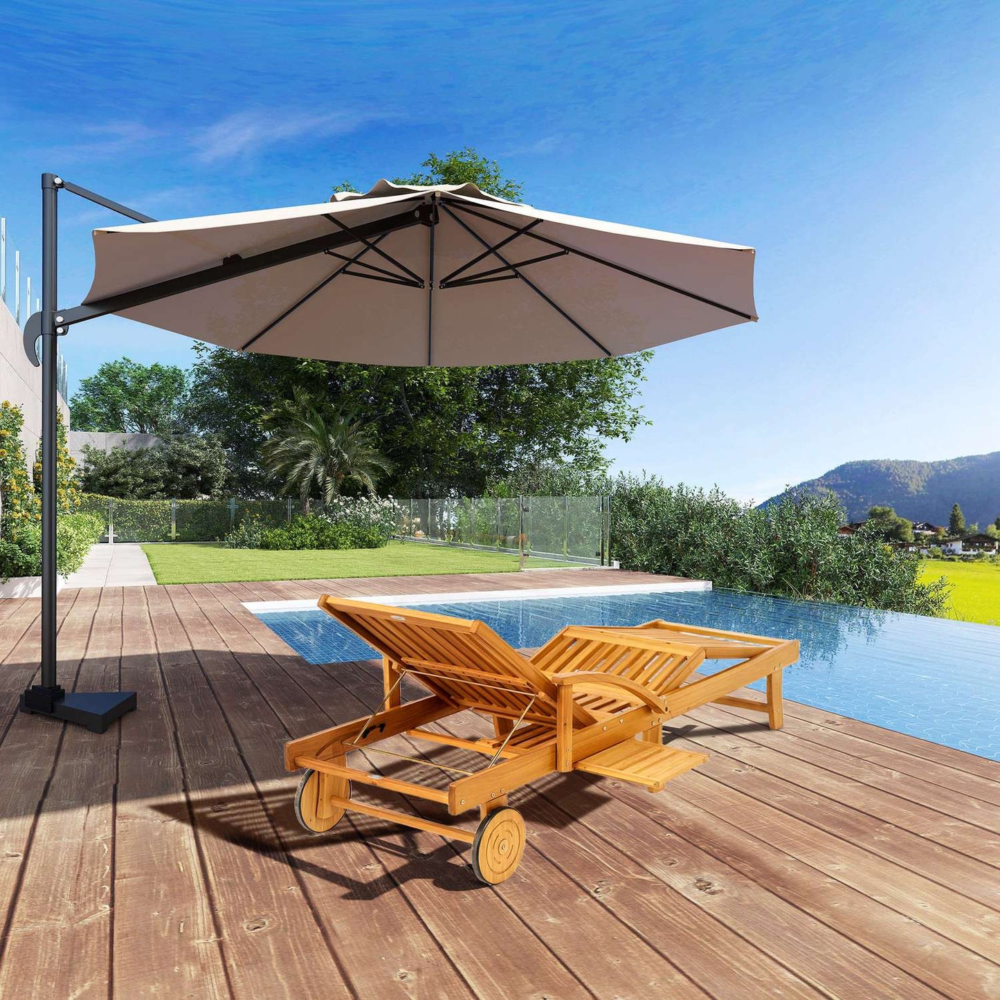 Wooden Folding Sun Lounger with Side Table & Wheels