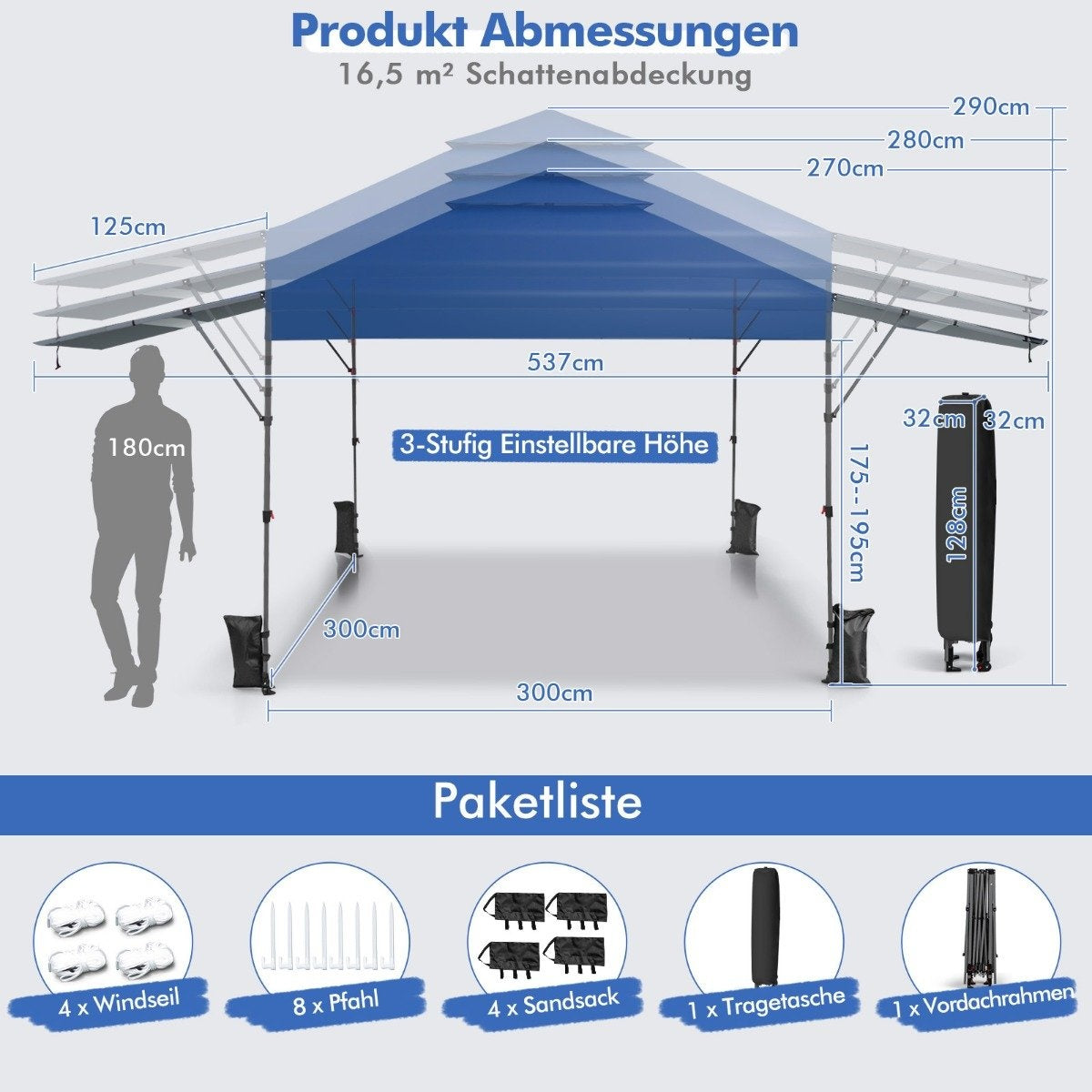Sun protection tent pop-up canopy tent 300 x 537 x 270-290 cm blue