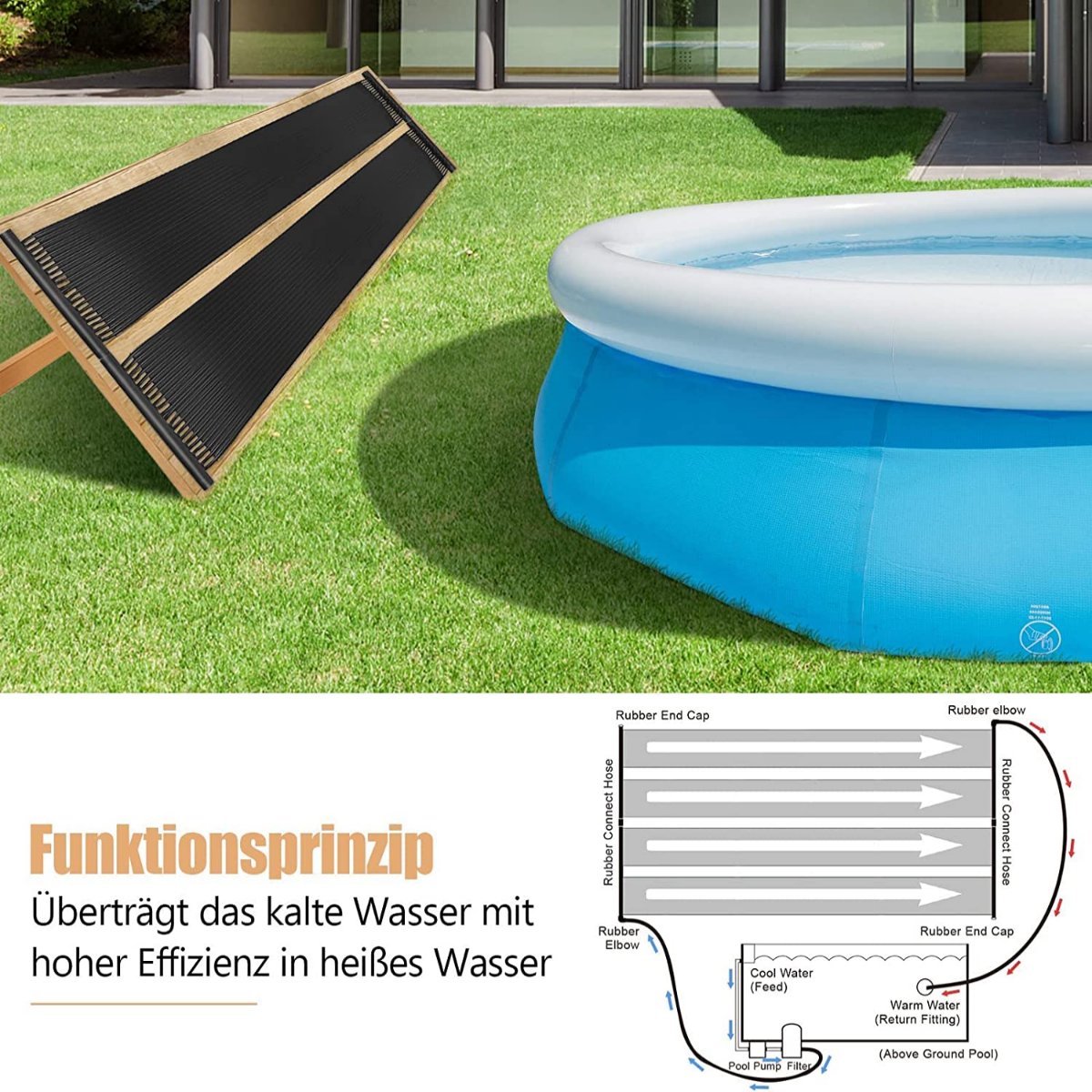 Swimming pool heating 600 x 75 cm solar collector panels for 25800 L in-ground and above-ground pools