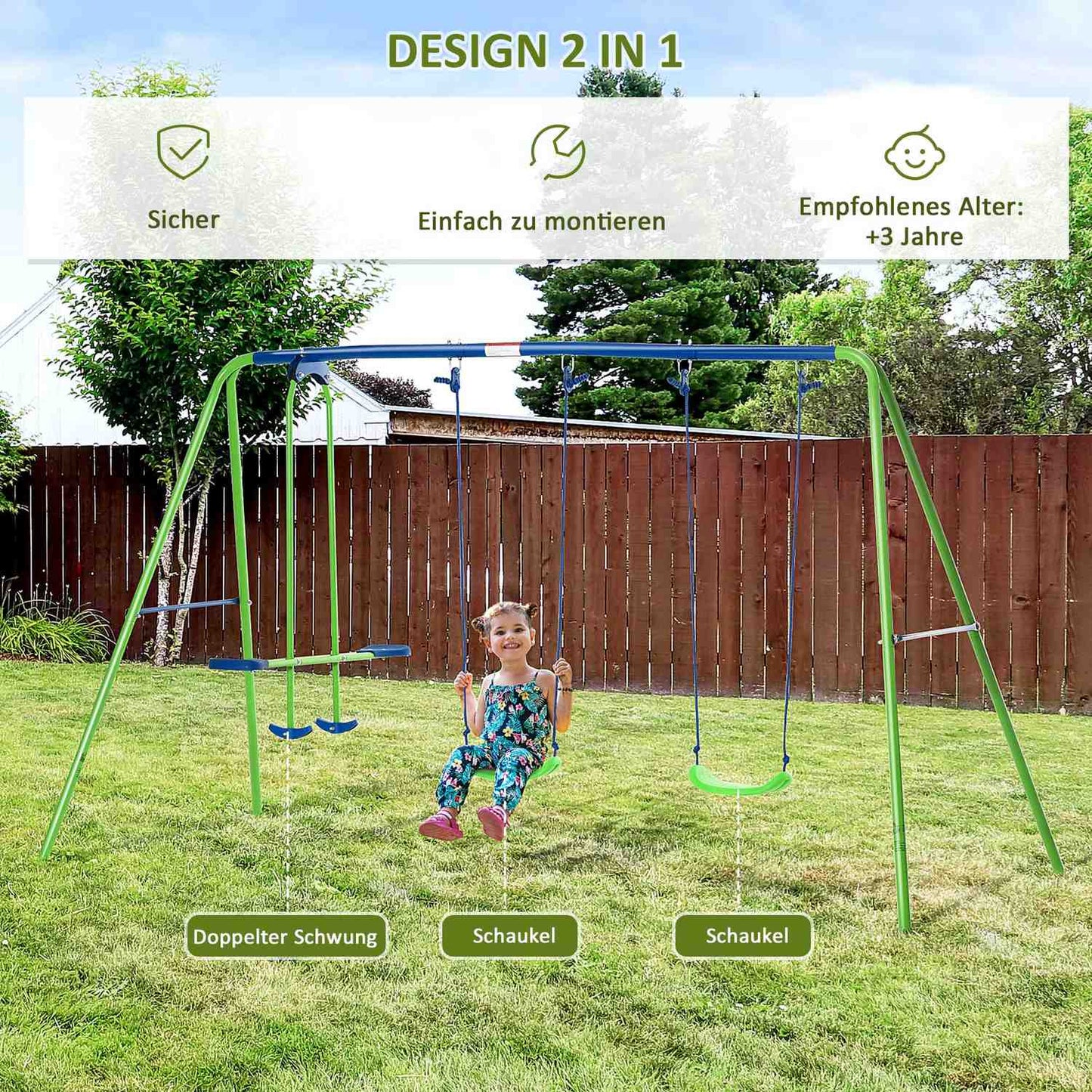 Swing set with 2 swings and face-to-face seat - metal structure, corrosion resistant