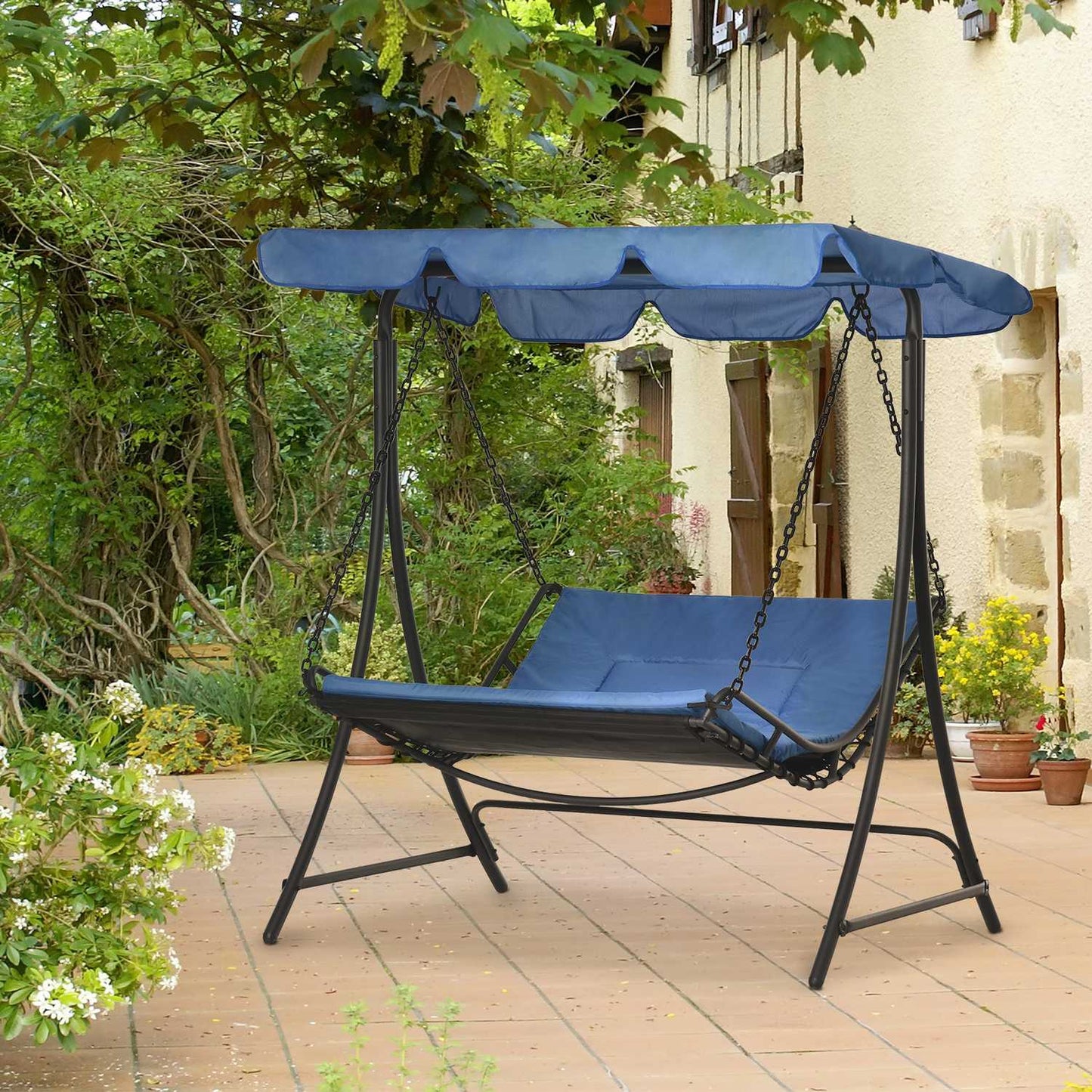 Garden rocking chair with canopy, 2-person steel blue