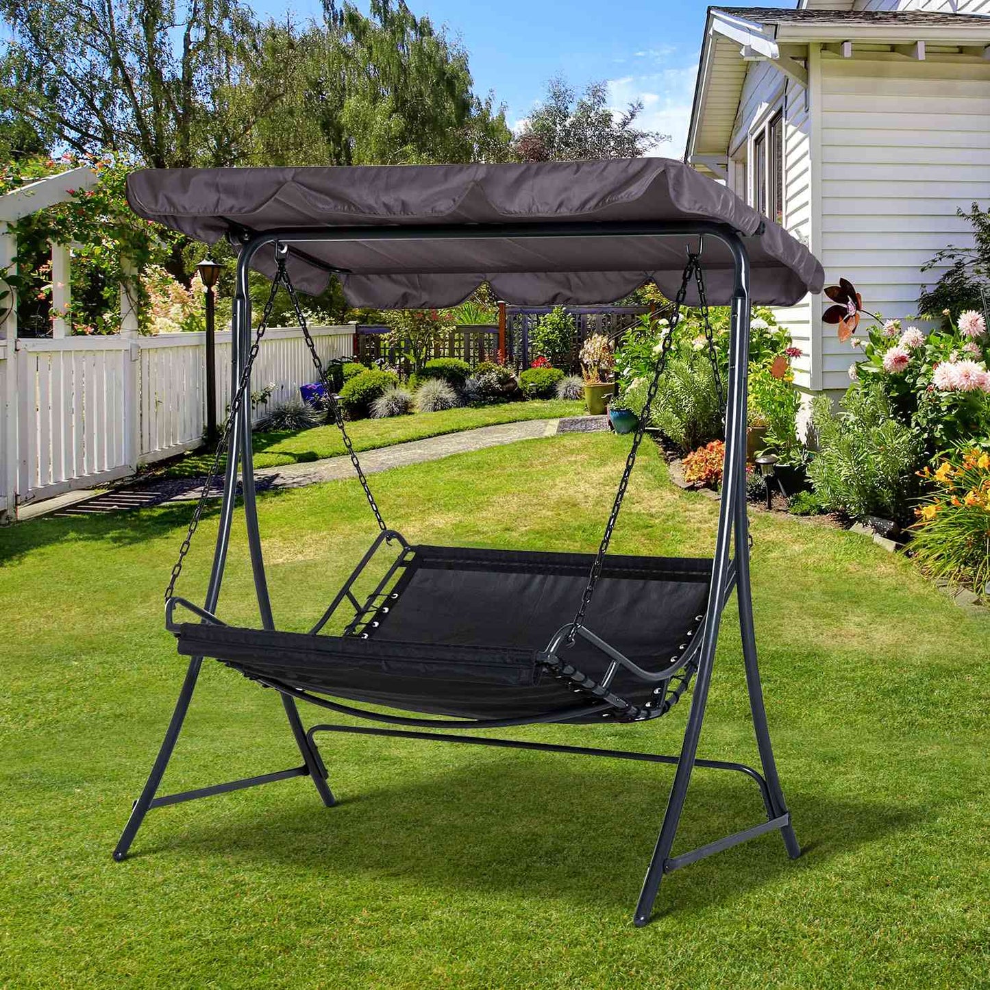 Steel gray garden rocking chair with roof for 2