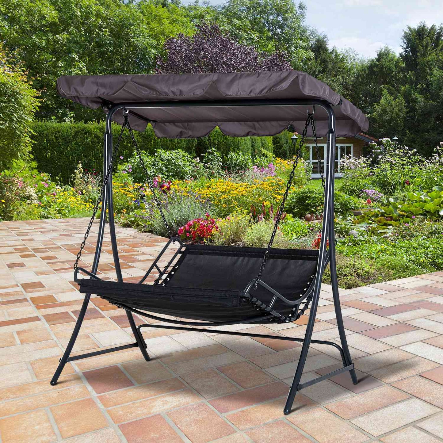 Steel gray garden rocking chair with roof for 2