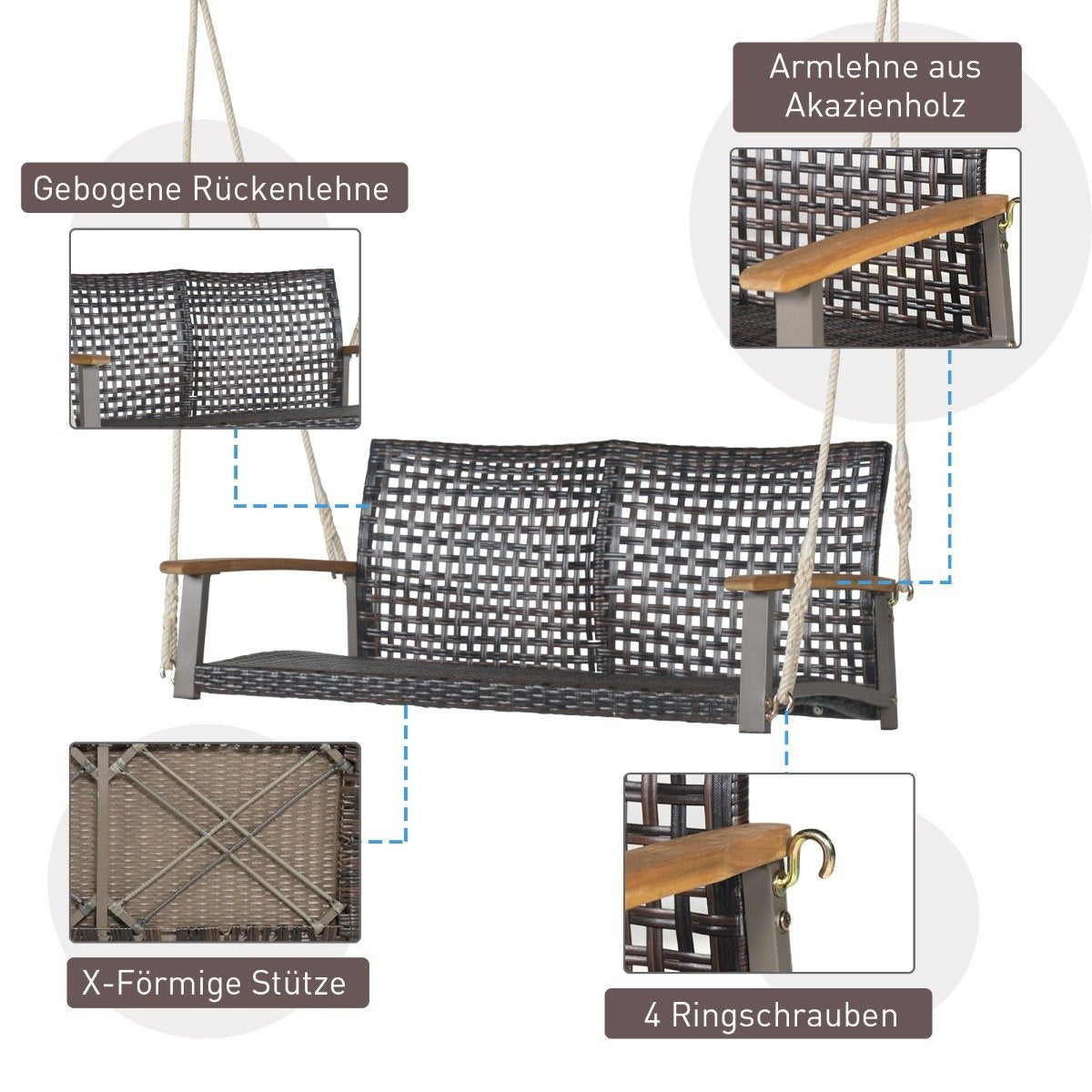 Swing bench for outdoor hanging bench made of PE rattan with 2 ropes 131 x 68 x 54 cm