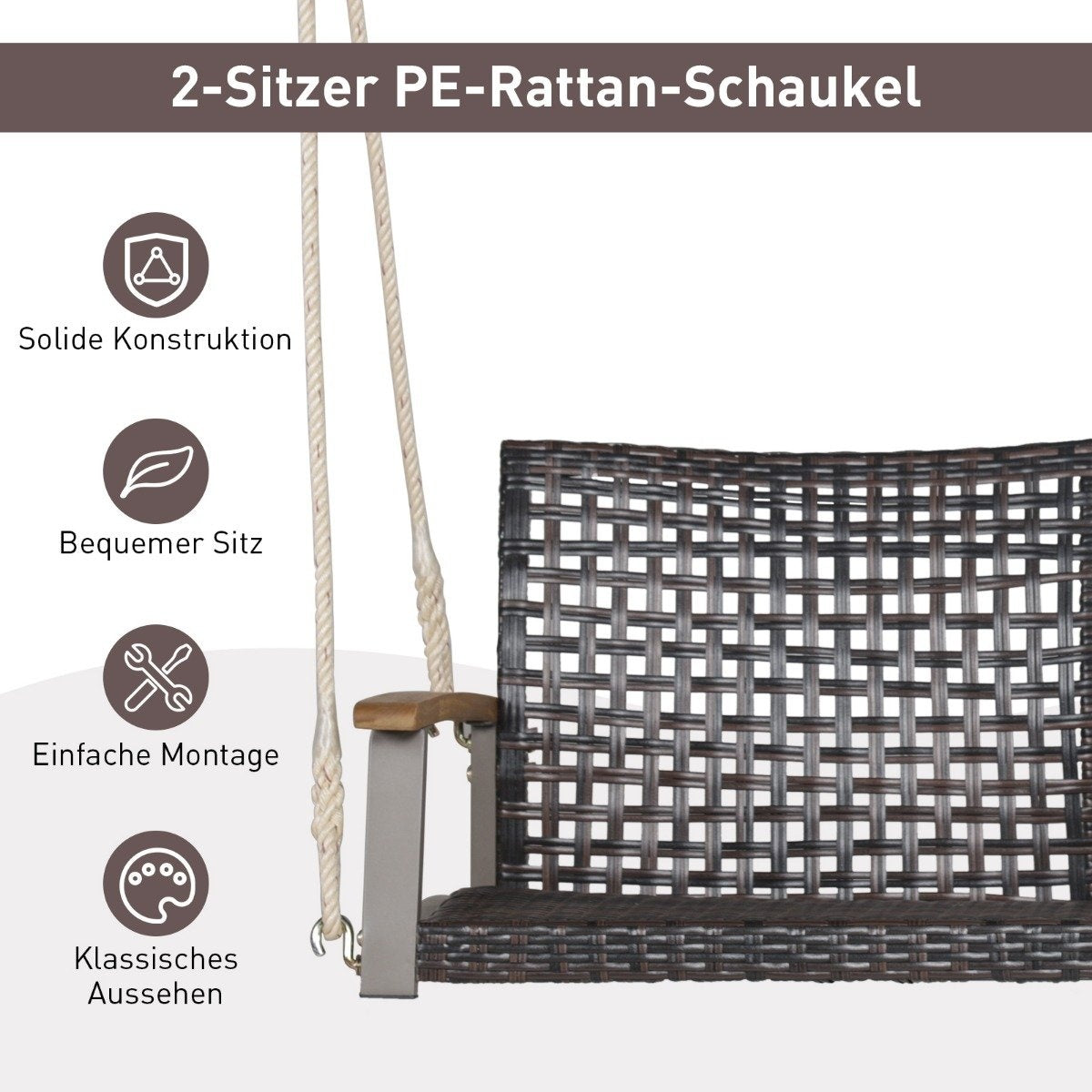 Swing bench for outdoor hanging bench made of PE rattan with 2 ropes 131 x 68 x 54 cm