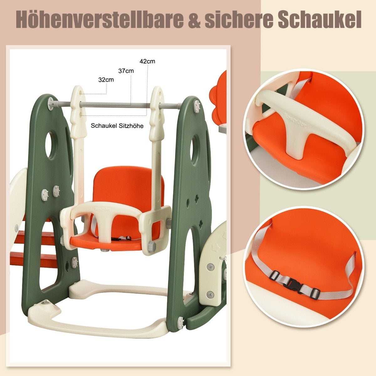 Swing frame slide and swing set for toddlers 172 x 182 x 108-120 cm orange