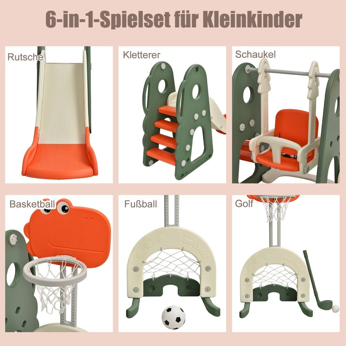 Swing frame slide and swing set for toddlers 172 x 182 x 108-120 cm orange