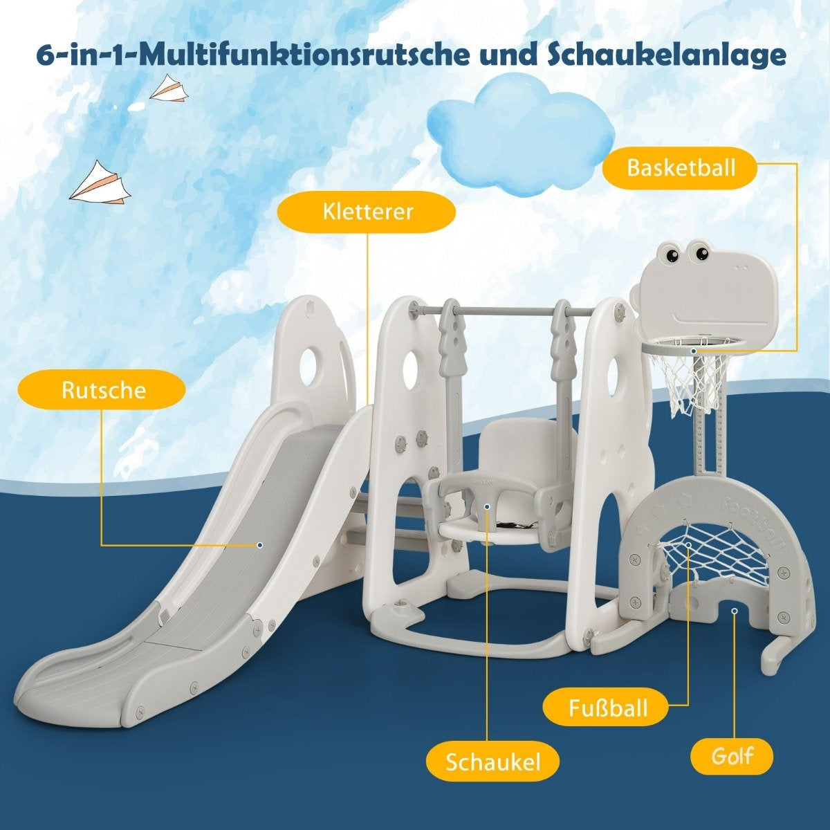 Swing frame slide and swing set for toddlers 172 x 182 x 108-120 cm white