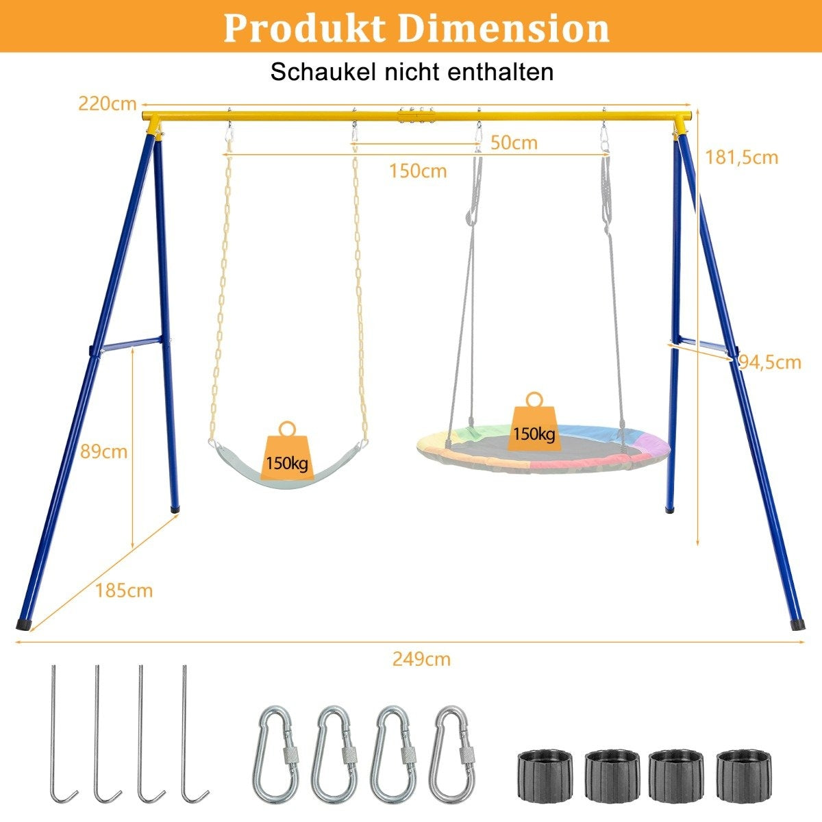 Swing frame with A-frame double swing metal frame 249 x 185 x 181.5 cm blue + yellow