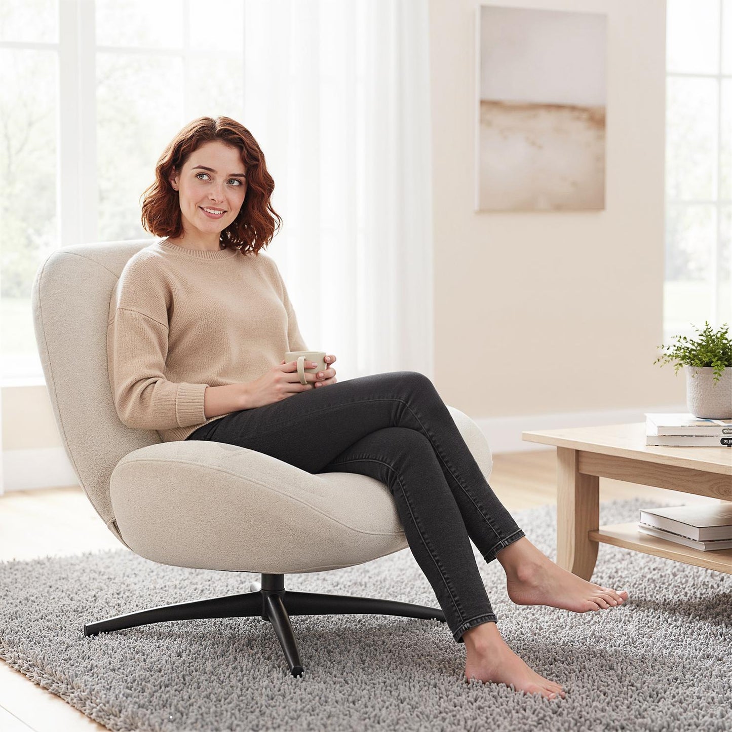 Swivel Accent Chair, Cream White, Chenille Fabric, Steel Base