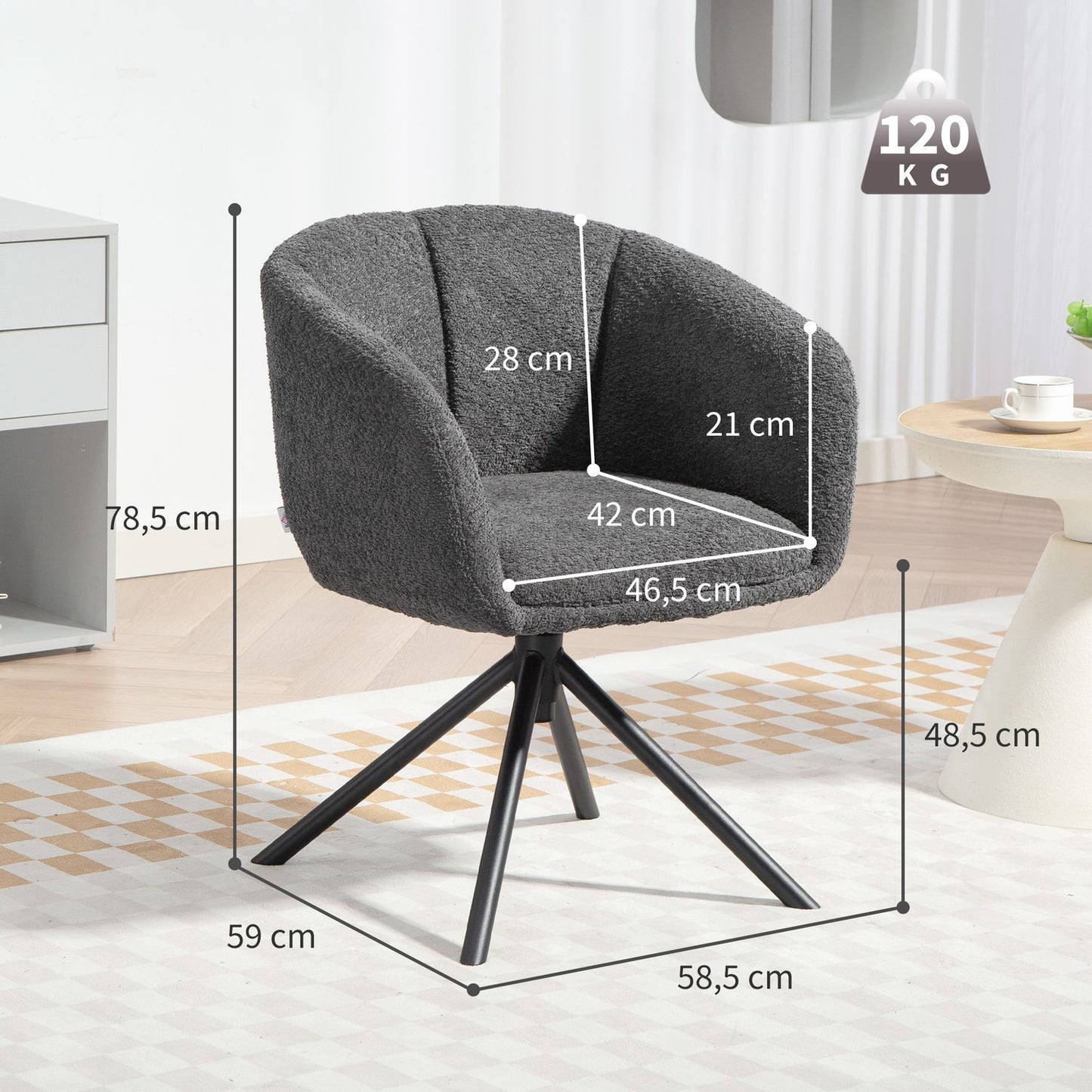 Swivel Armchair, Comfy Seat, Dark Grey, 120kg Capacity