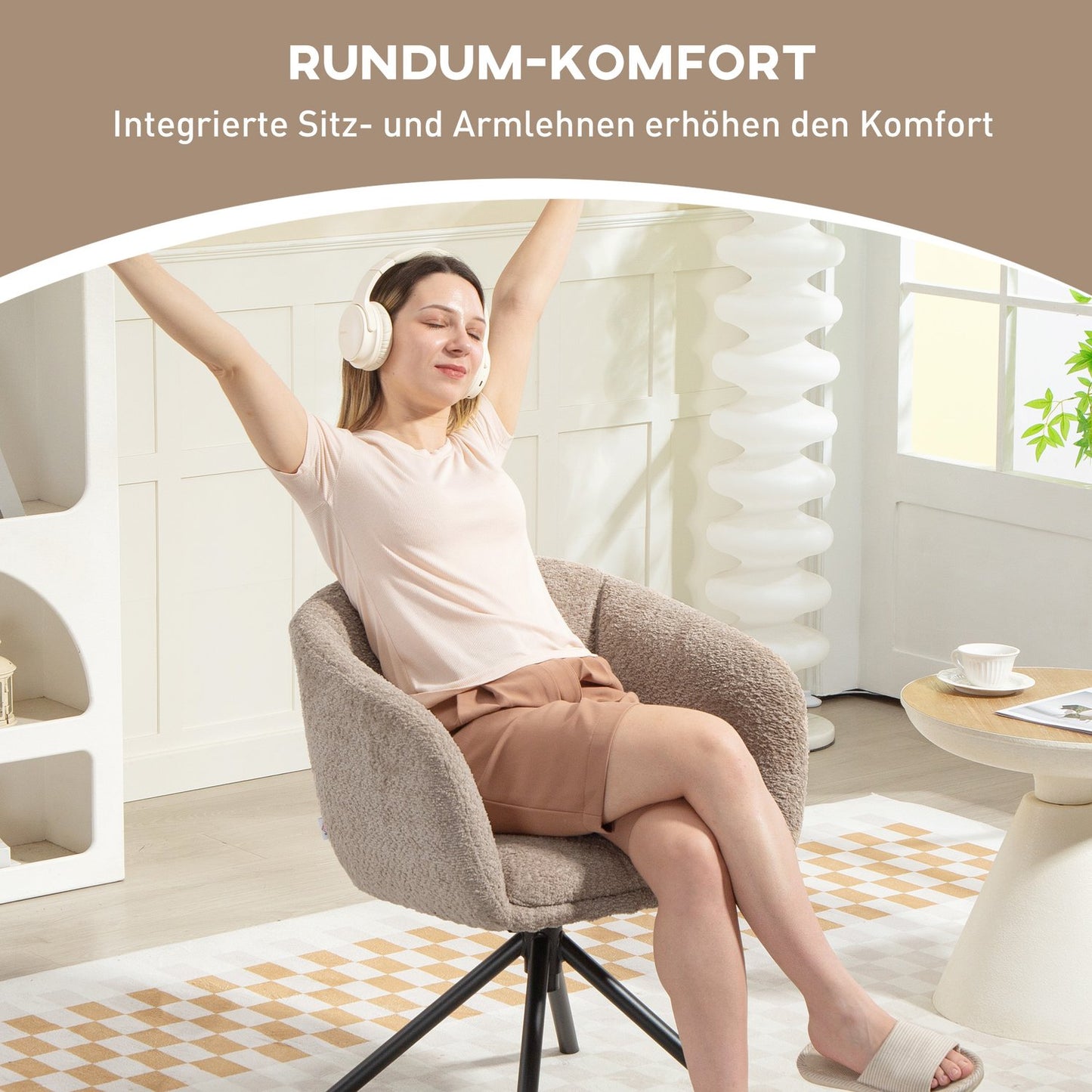 Swivel Armchair, Cozy Upholstery, Light Brown, 120kg Capacity