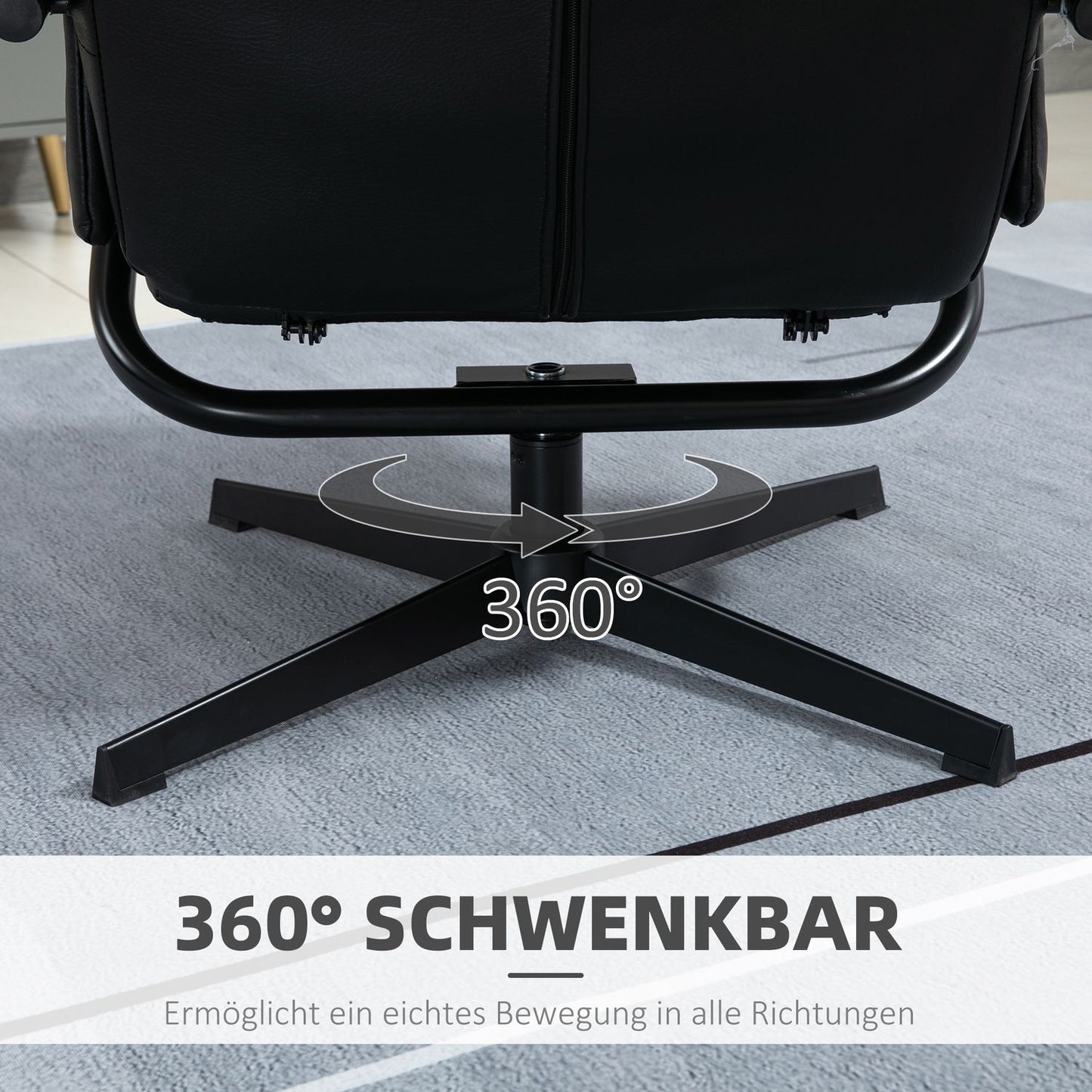 Reclining swivel armchair with stool, artificial leather, black