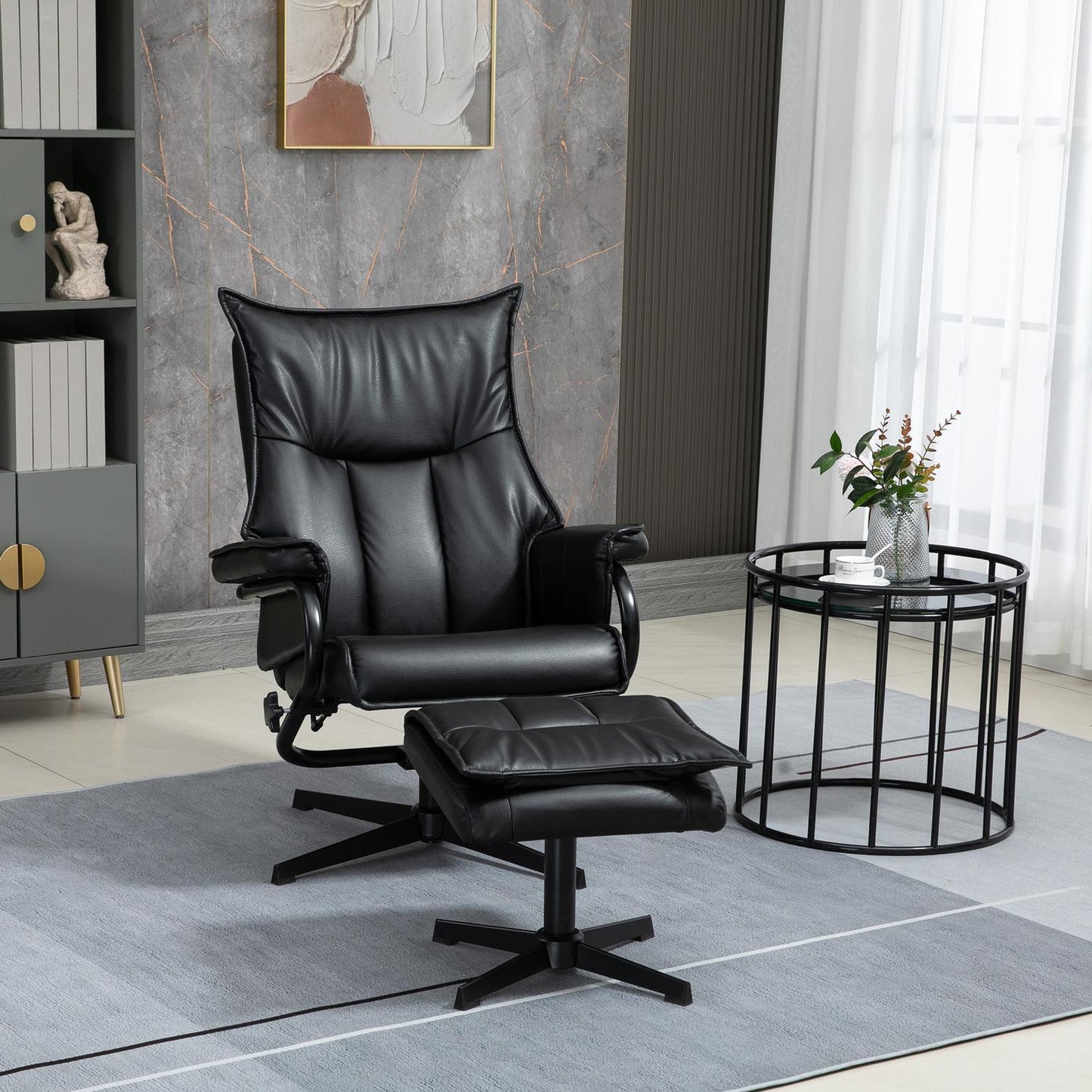 Reclining swivel armchair with stool, artificial leather, black