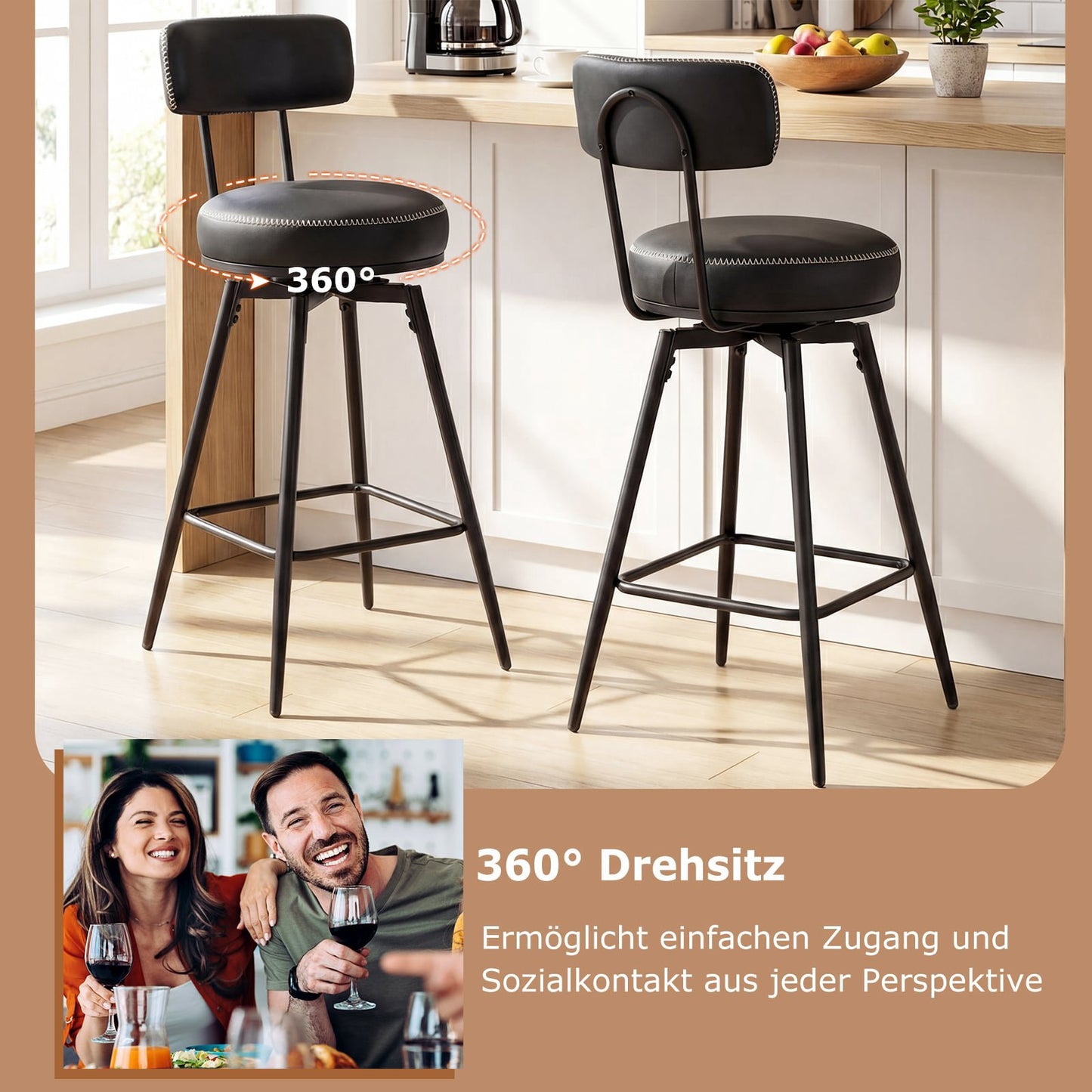 Swivel Bar Stools Set of 2, Black Faux Leather, 360 Rotation