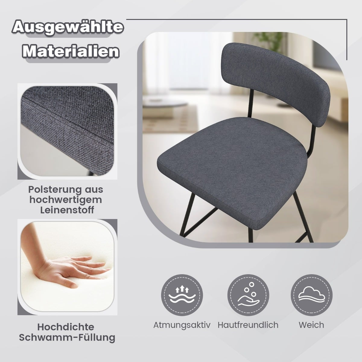 Swivel Bar Stools Set of 2, Padded with Backrest & Footrest, Gray