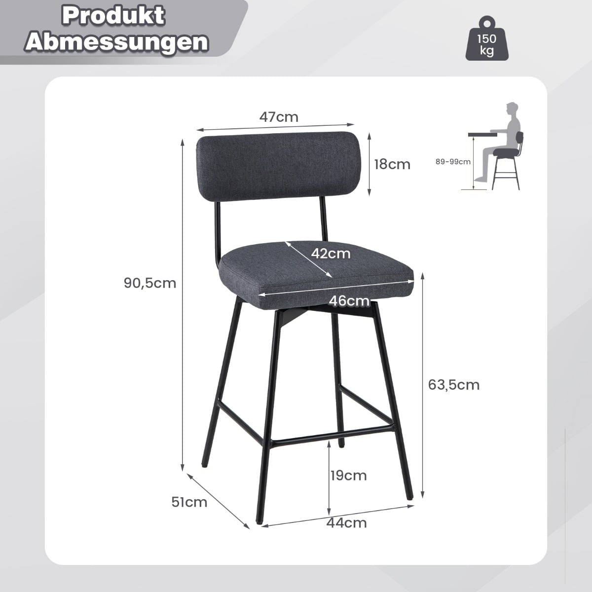 Swivel Bar Stools Set of 2, Padded with Backrest & Footrest, Gray