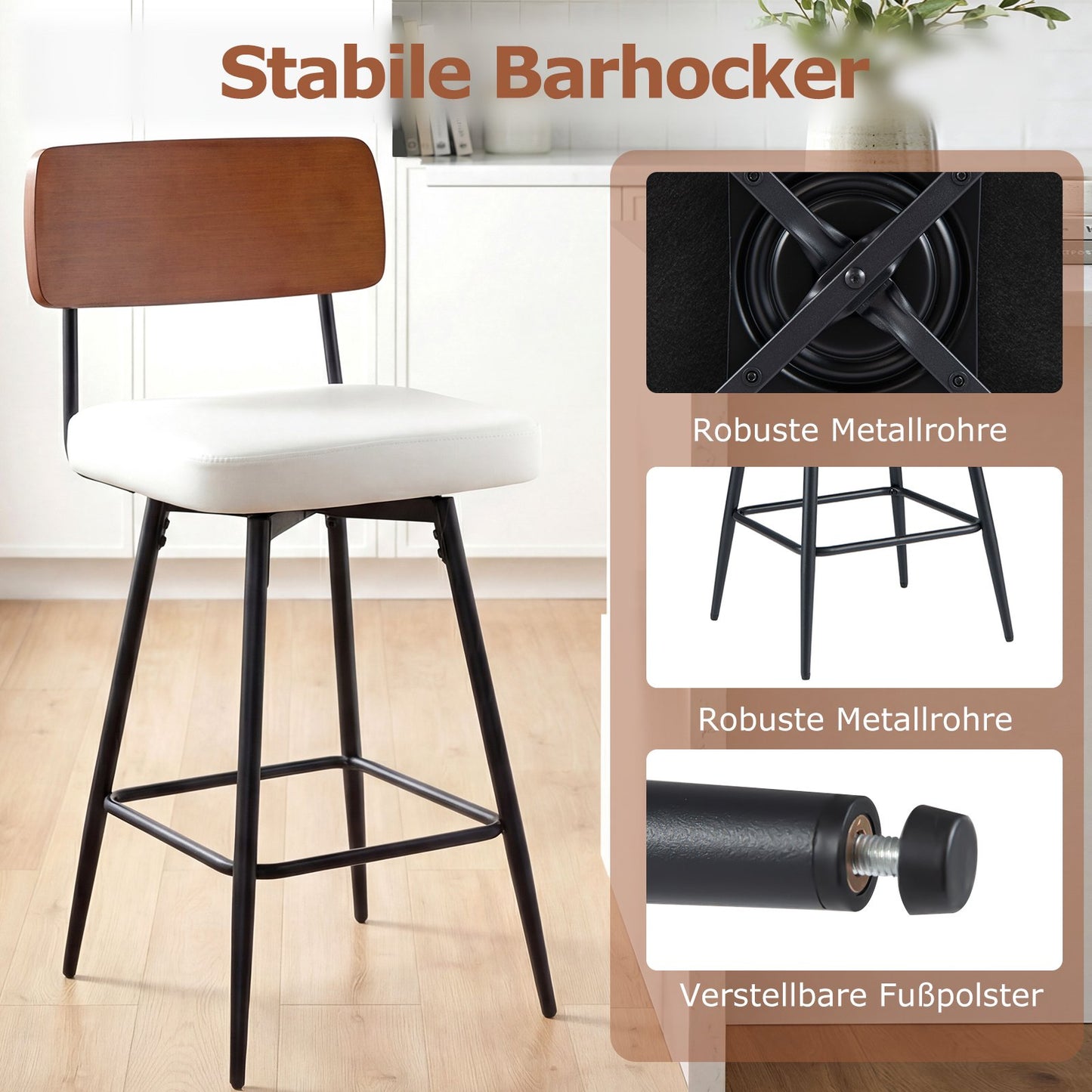 Swivel Bar Stools Set of 2, White Faux Leather, Ergonomic