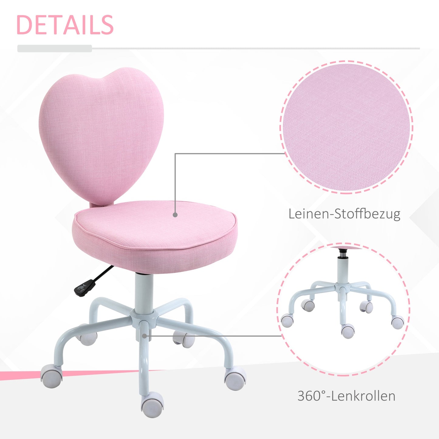 Pink Heart Swivel Chair, adjustable height, linen fabric