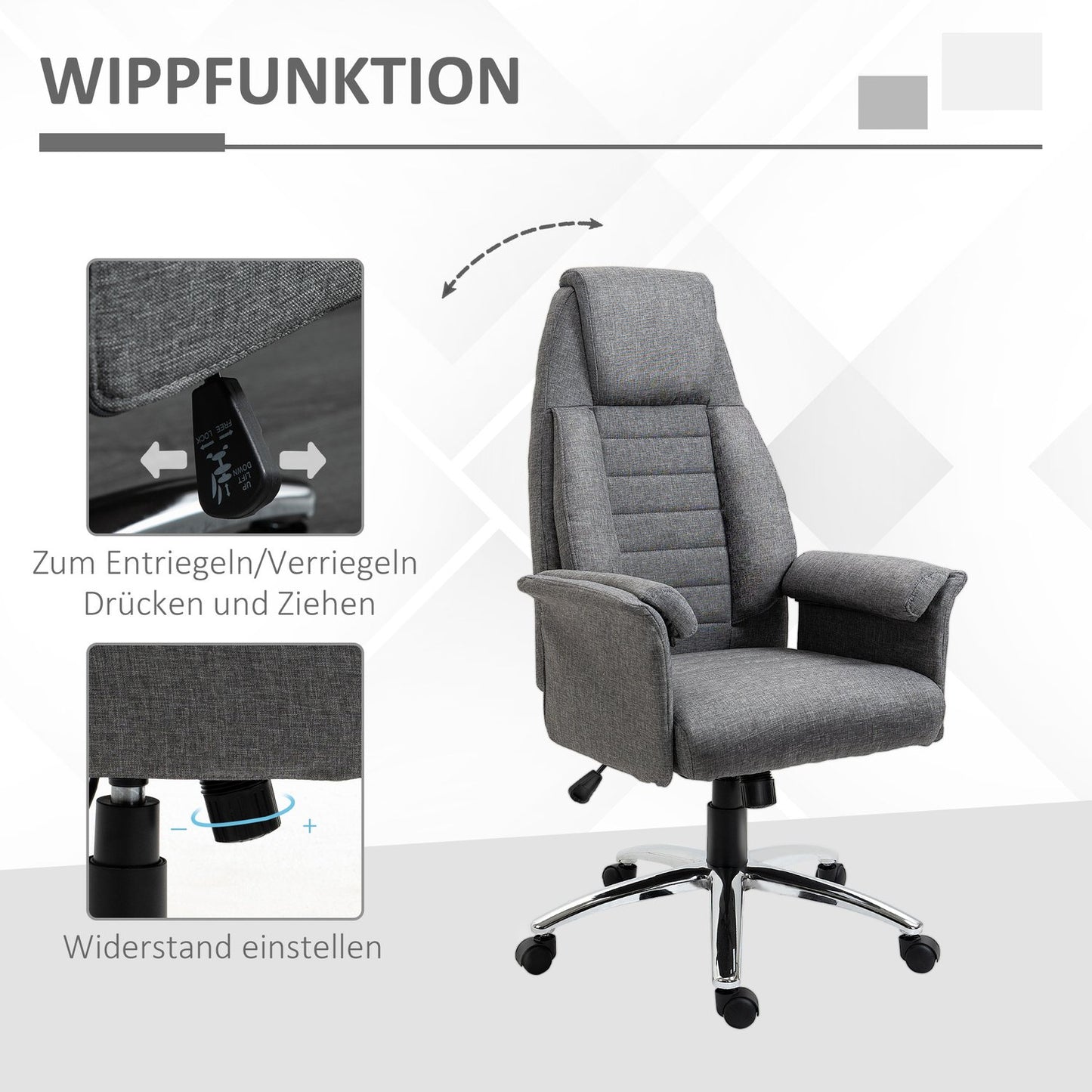 Height-adjustable gray office chair, fabric & metal