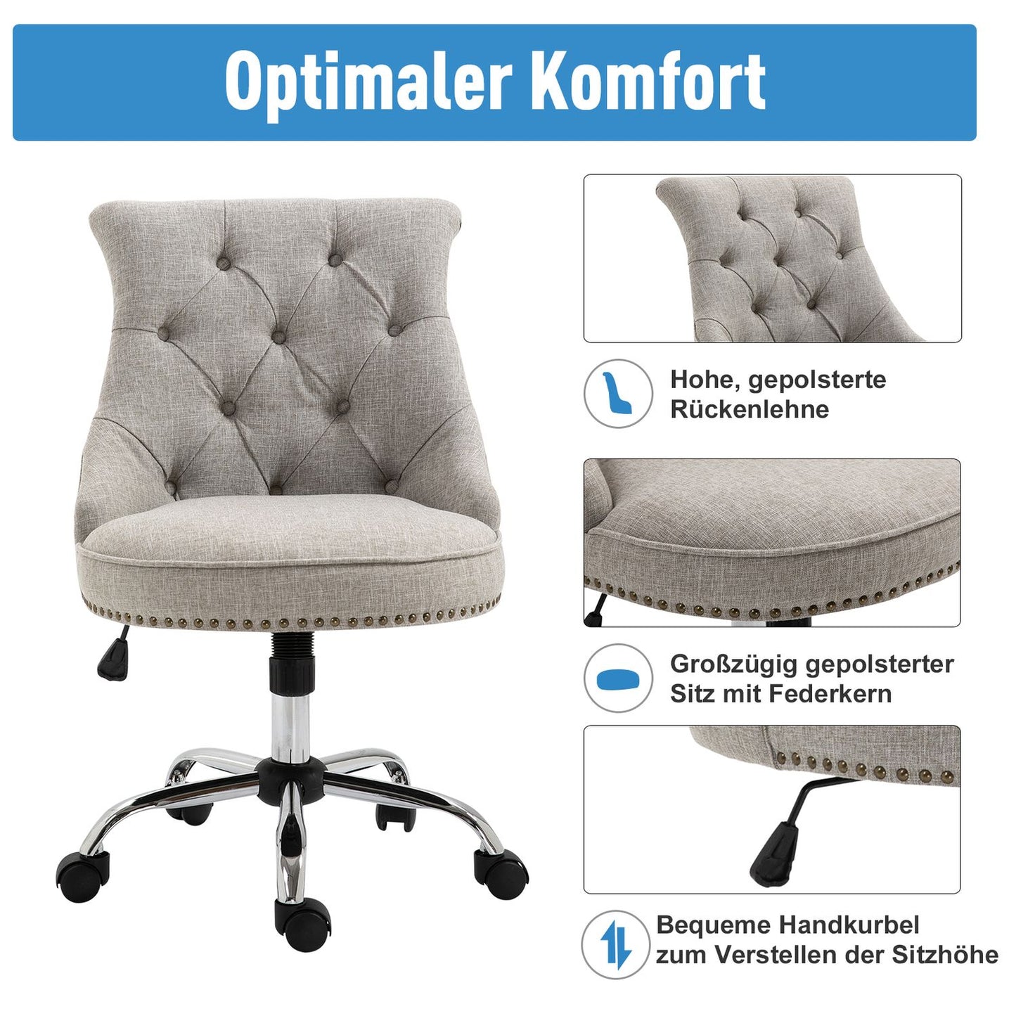 Executive Swivel Chair in light gray linen, adjustable in height