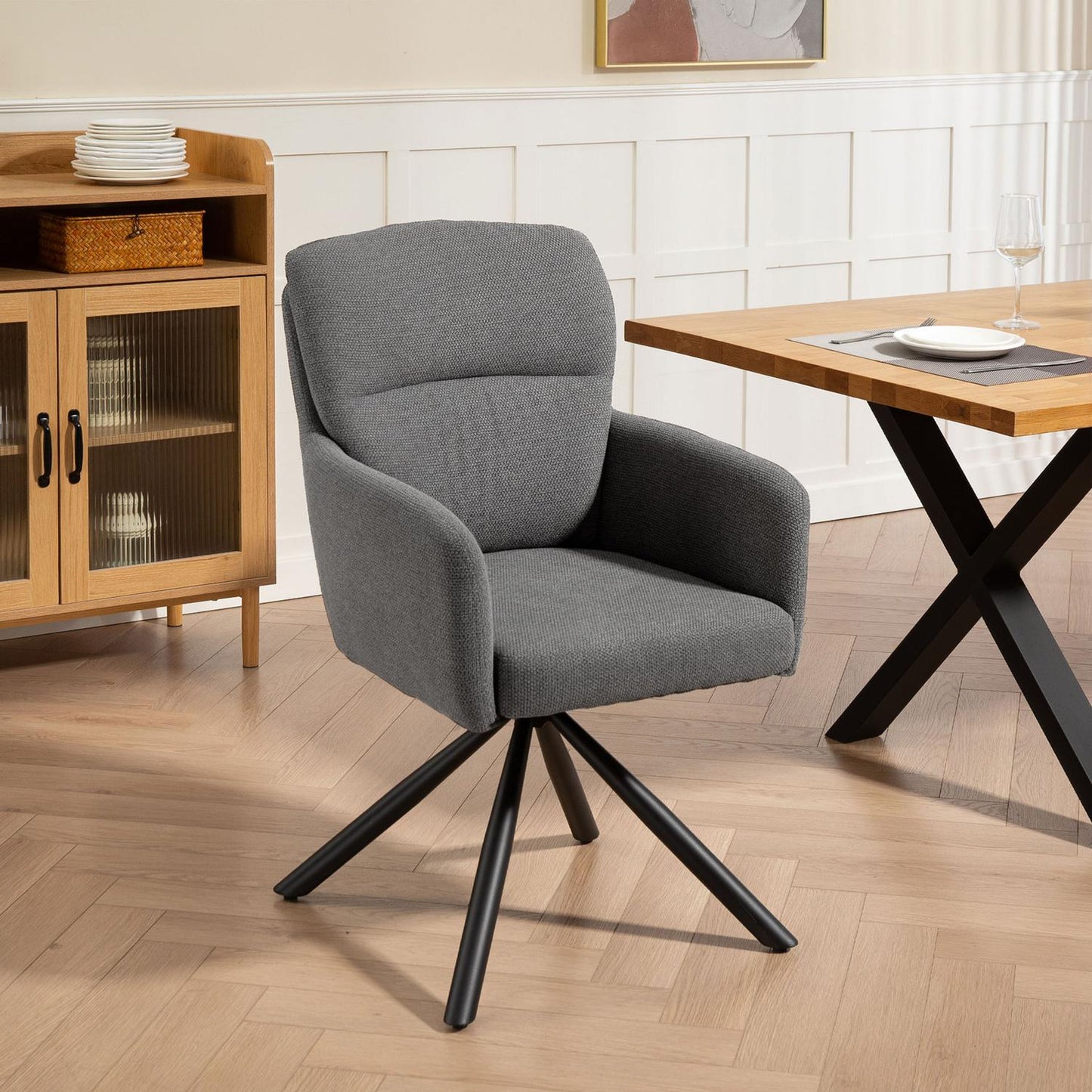 Swivel Dining Chair, Grey, Padded Seat & Armrests