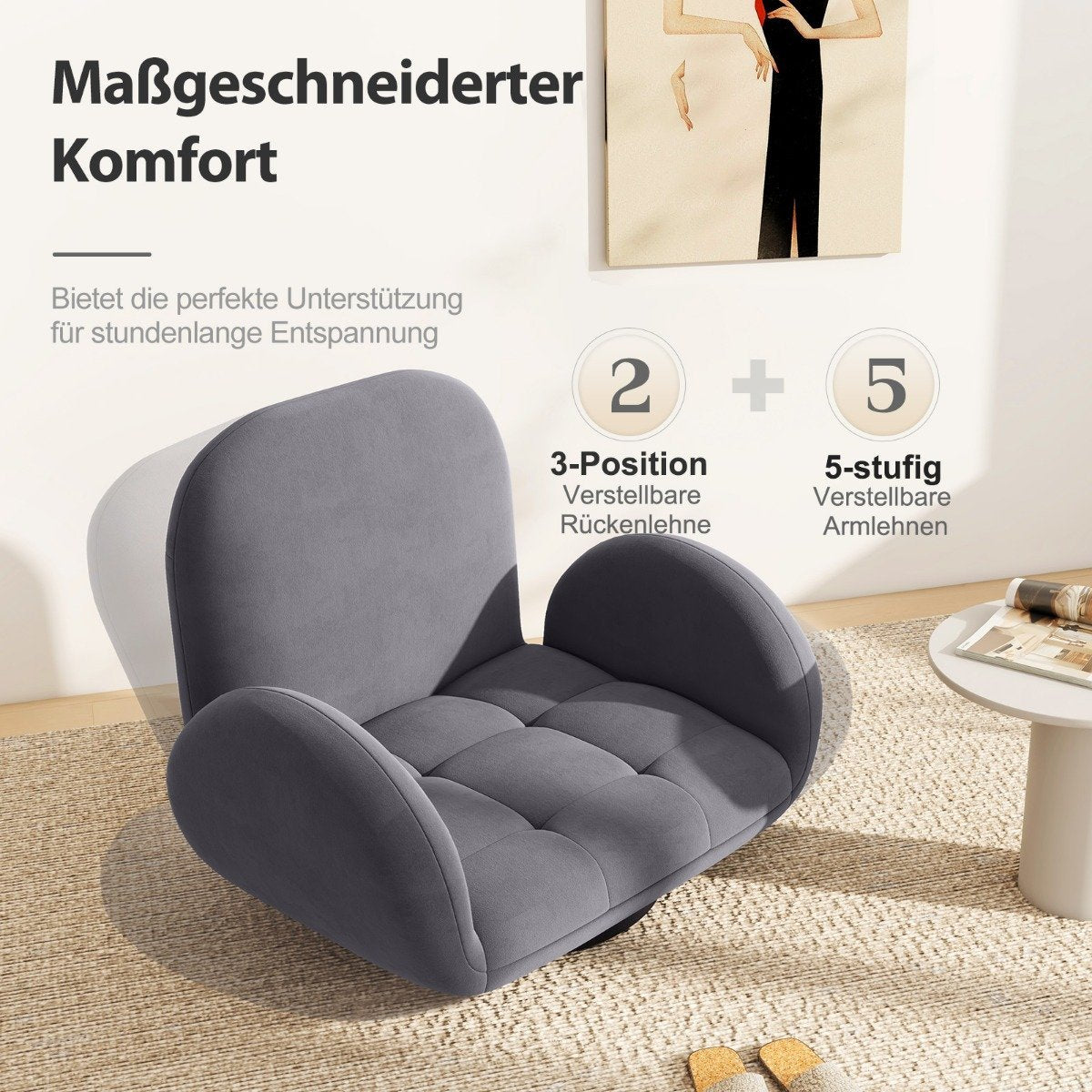 Swivel Floor Chair with Adjustable Backrest & Armrests, Gray