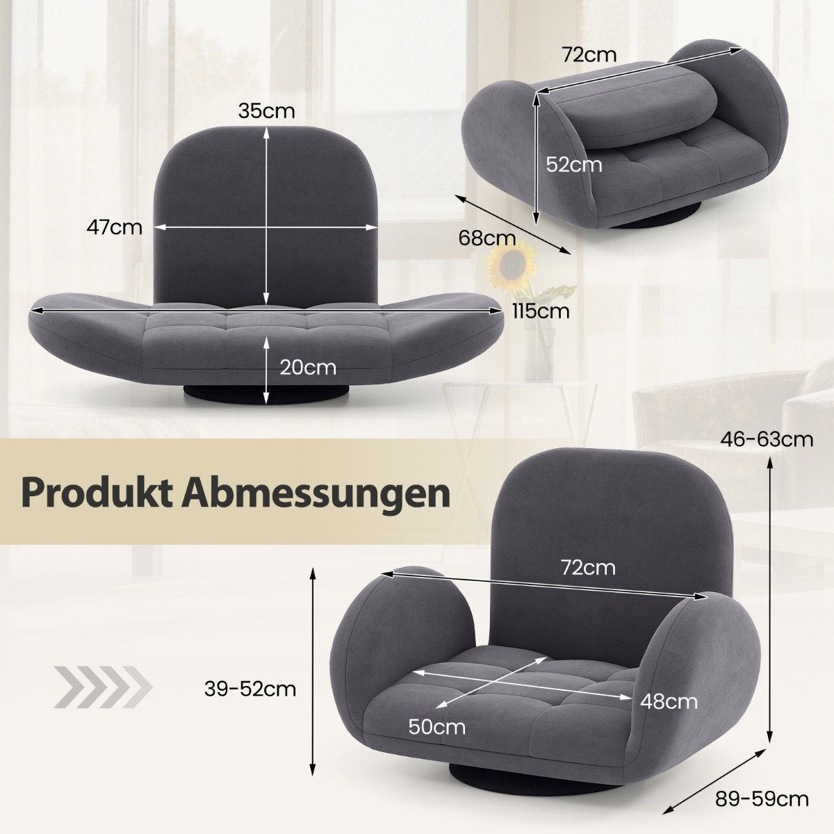 Swivel Floor Chair with Adjustable Backrest & Armrests, Gray
