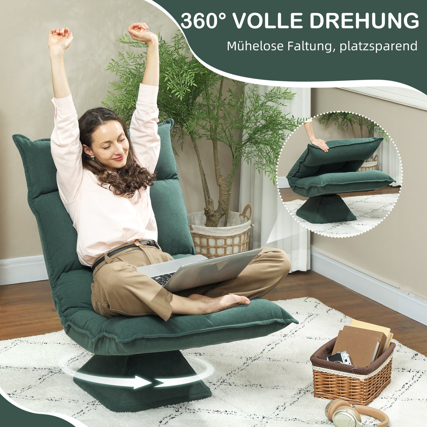 Swivel Floor Chair with Adjustable Backrest – Green Velvet