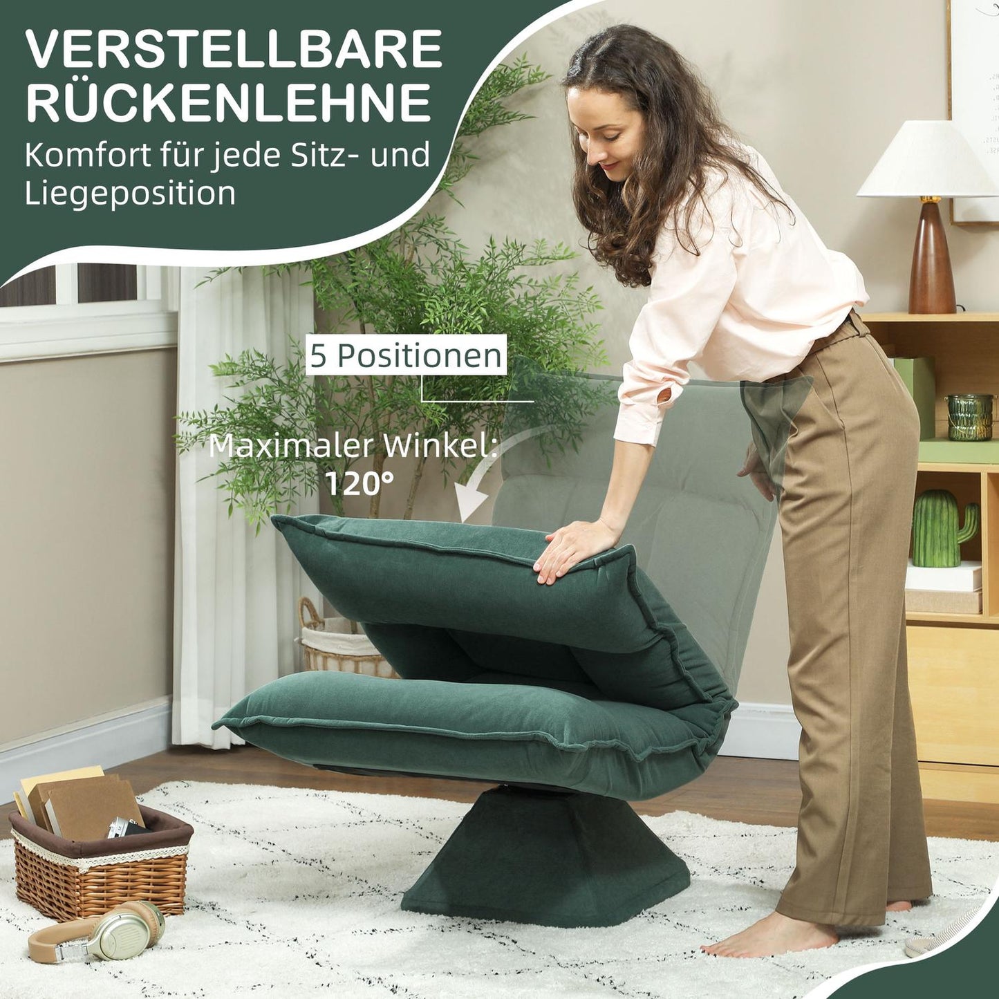 Swivel Floor Chair with Adjustable Backrest – Green Velvet