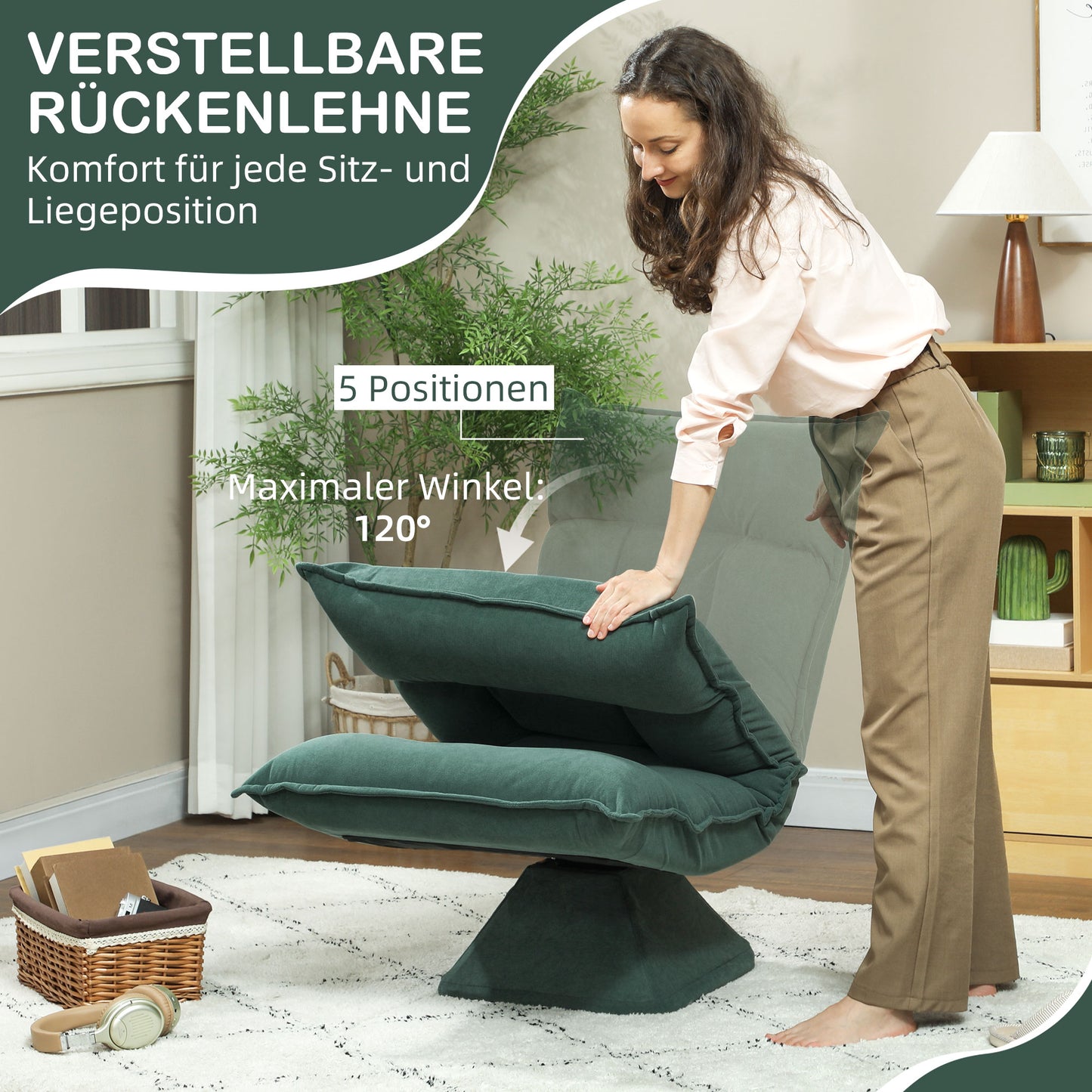 Swivel Floor Chair with Adjustable Backrest – Green Velvet