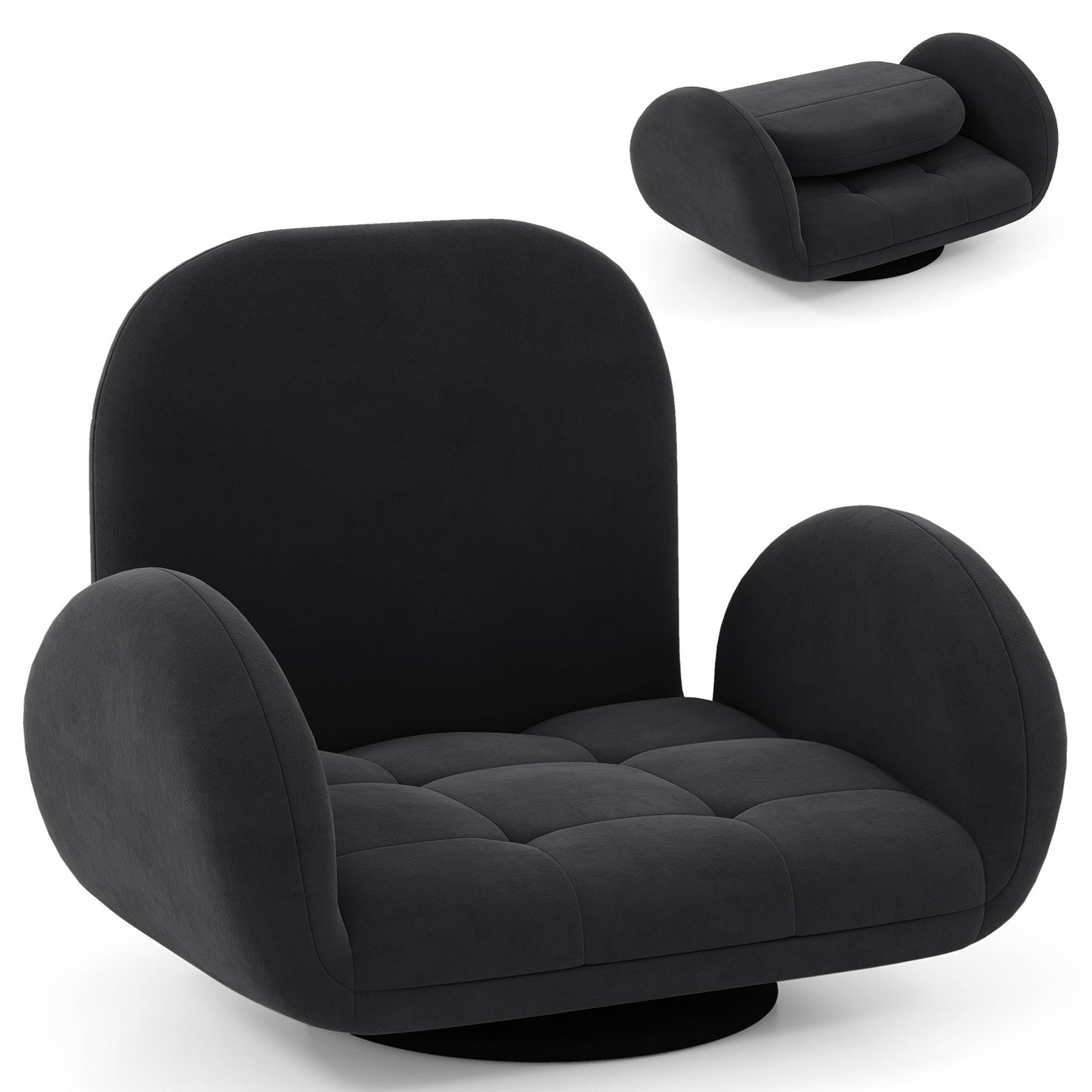 Swivel Floor Gaming Chair, Adjustable Backrest & Armrests, Black