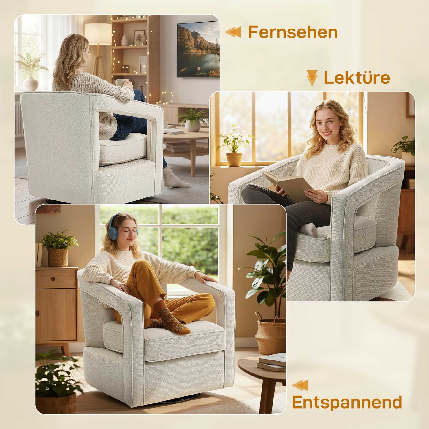 Swivel Lounge Chair, Beige, 360 Rotation, 77 x 75 x 72 cm