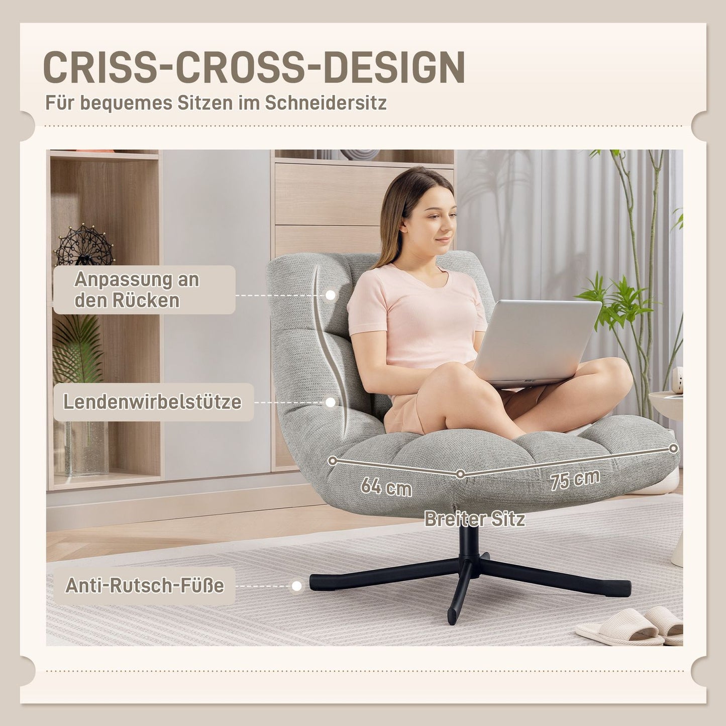 Swivel Lounge Chair, Wide Seat, Water-Resistant Chenille, Light Grey