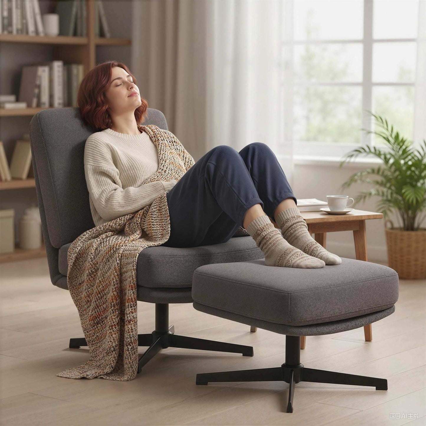 Swivel Lounge Chair with Ottoman, Dark Grey Linen-Look
