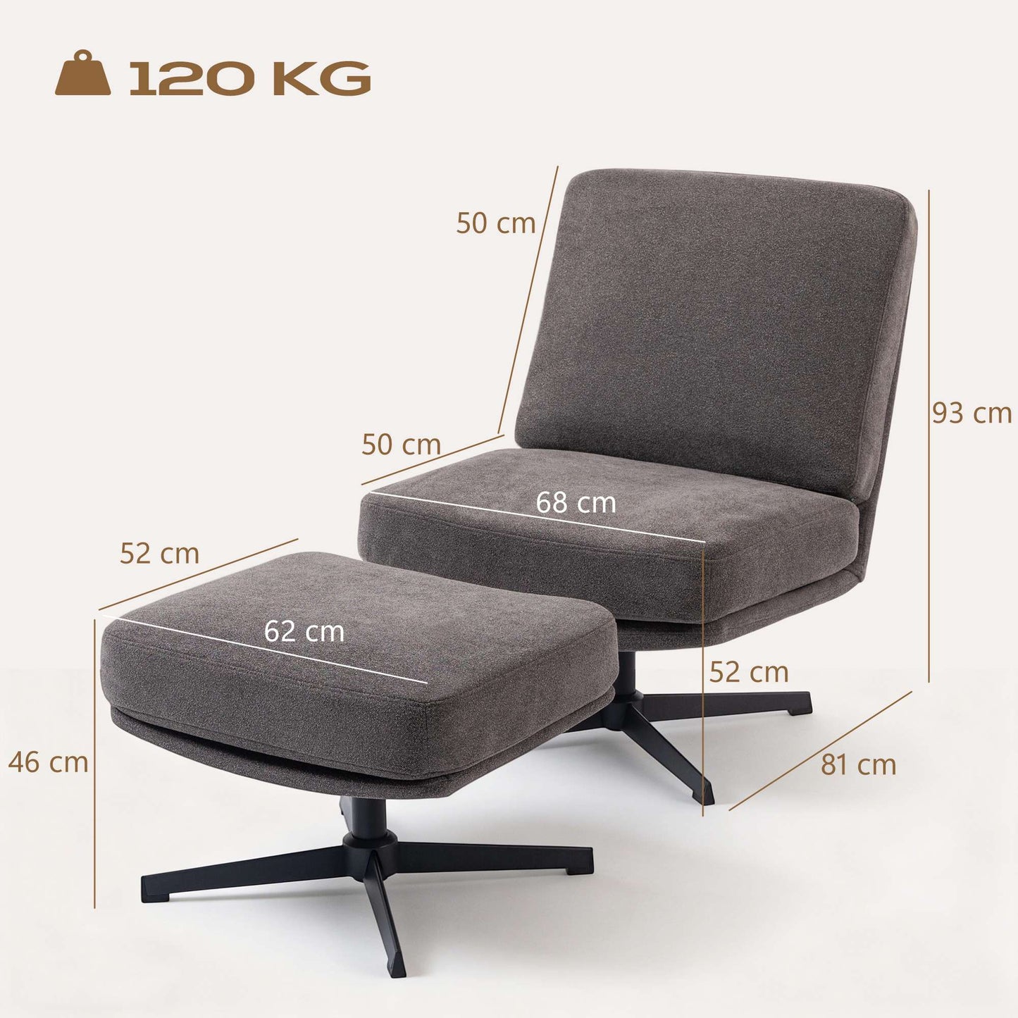 Swivel Lounge Chair with Ottoman, Dark Grey Linen-Look