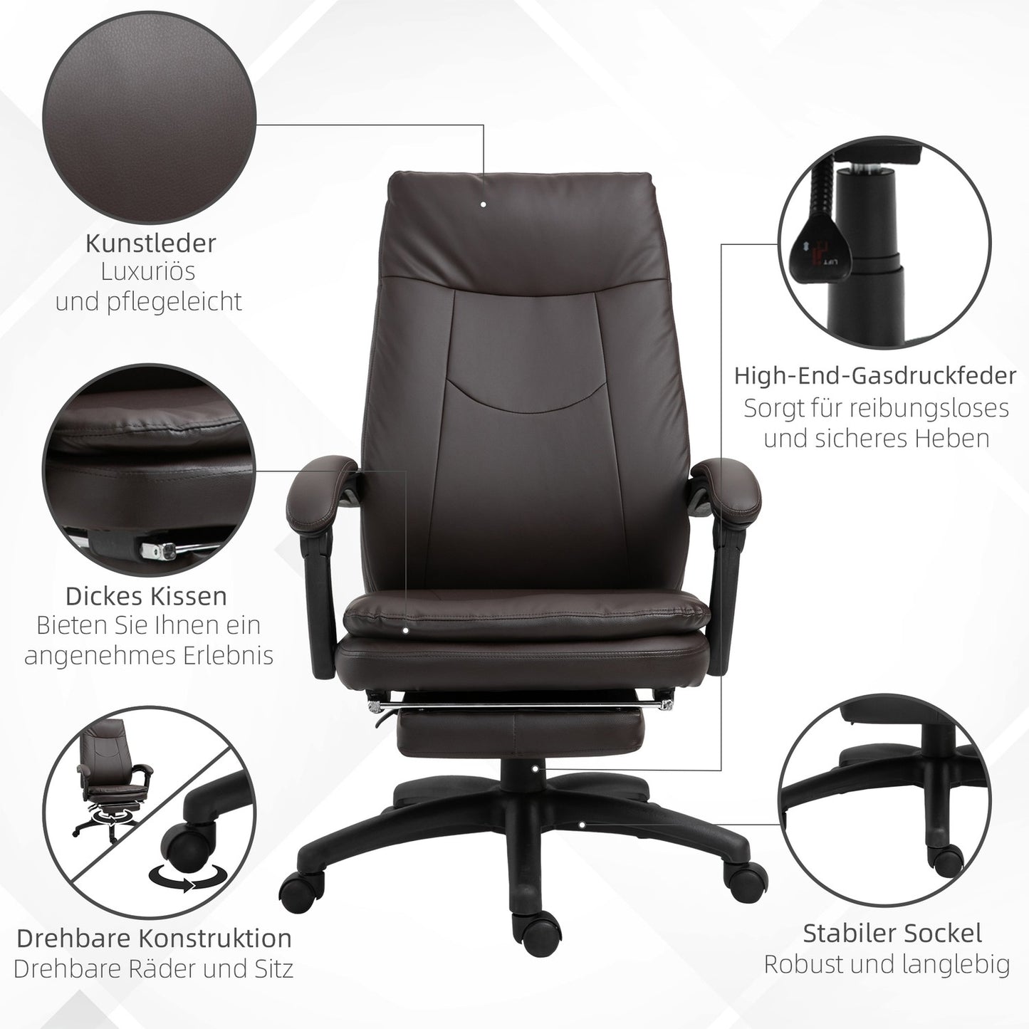 Ergonomic executive swivel chair with footrest, brown