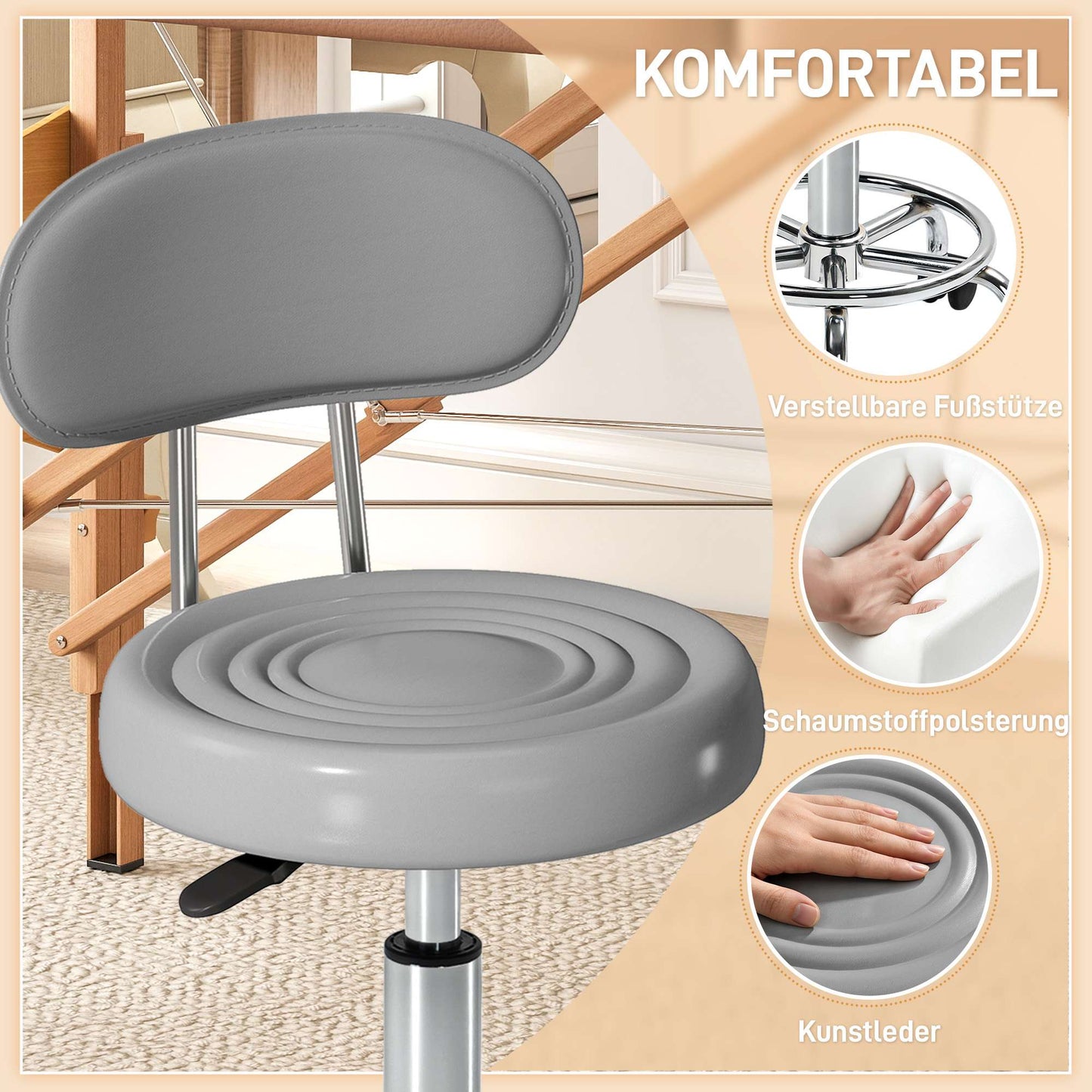 Swivel Stool with Backrest, Adjustable, Faux Leather, Gray