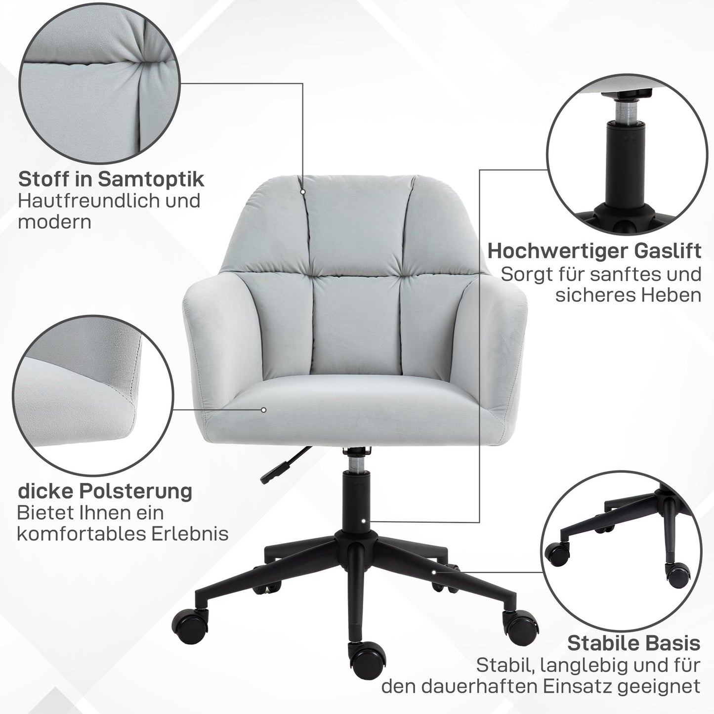Height adjustable velvet desk chair - light grey, 120 kg capacity