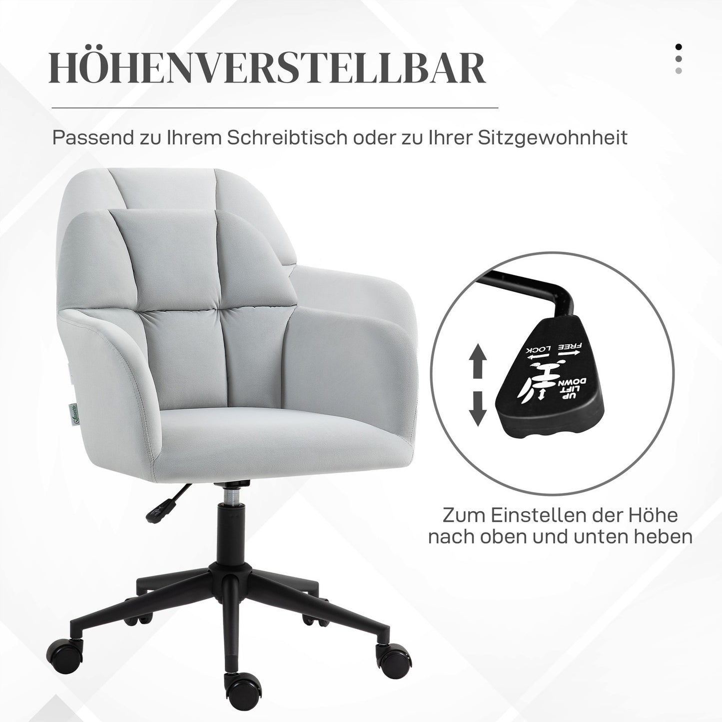 Height adjustable velvet desk chair - light grey, 120 kg capacity