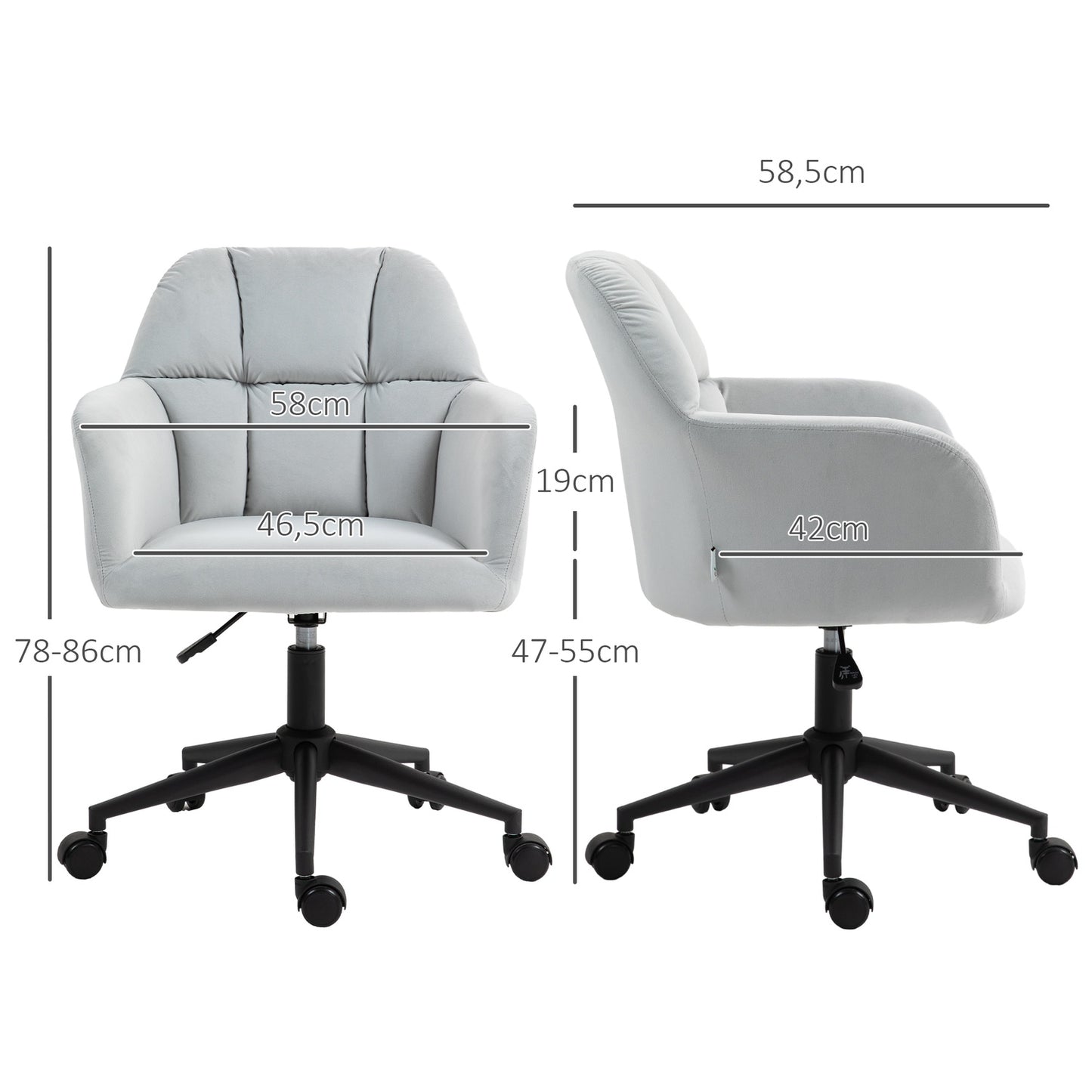 Height adjustable velvet desk chair - light grey, 120 kg capacity