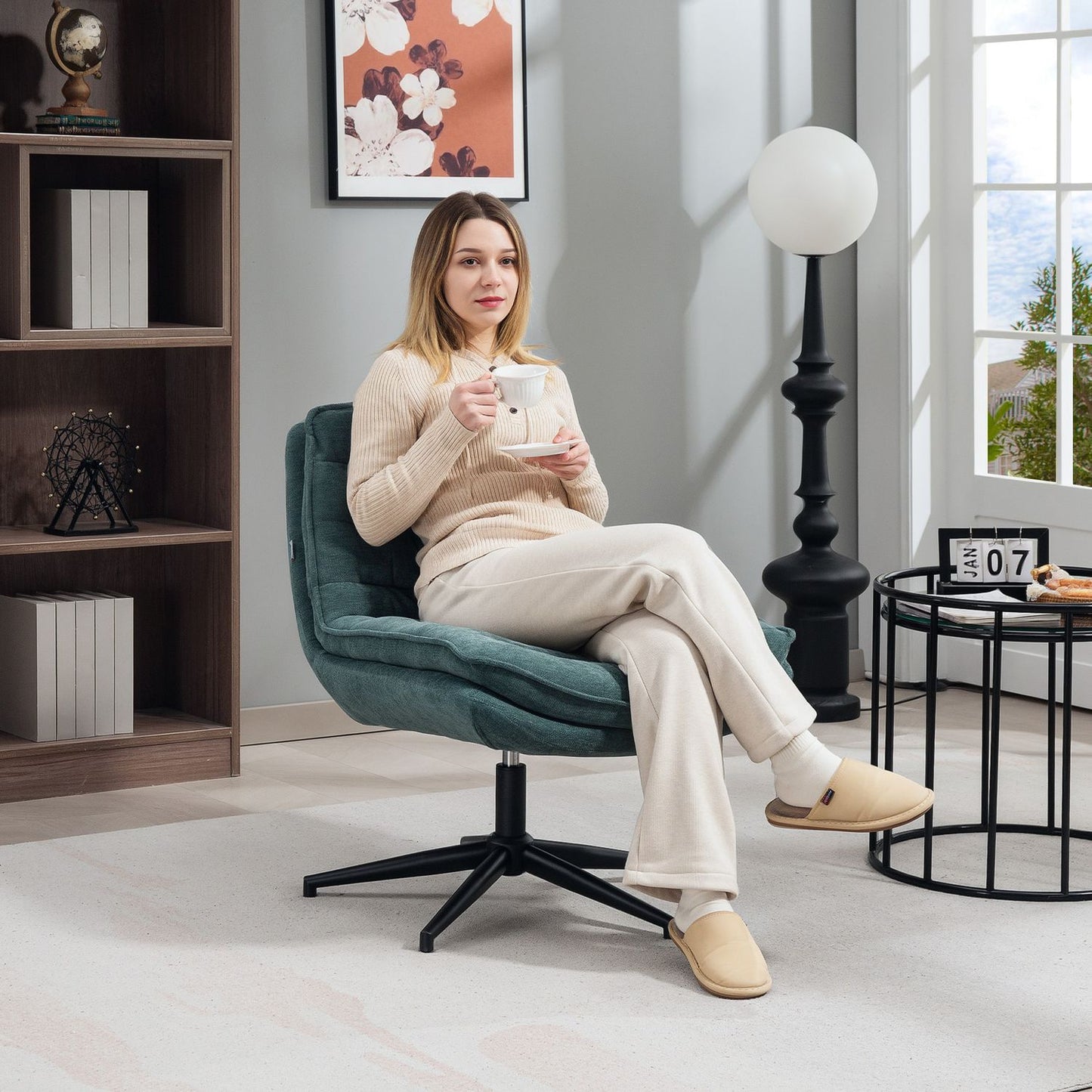 Swivel office chair with wide seat, spacious upholstered chair for the office, study, dark green