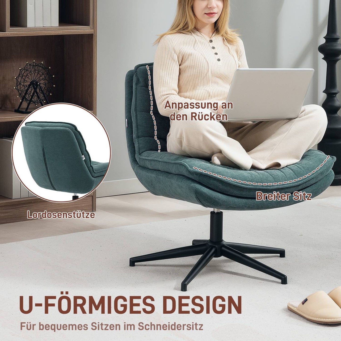 Swivel office chair with wide seat, spacious upholstered chair for the office, study, dark green