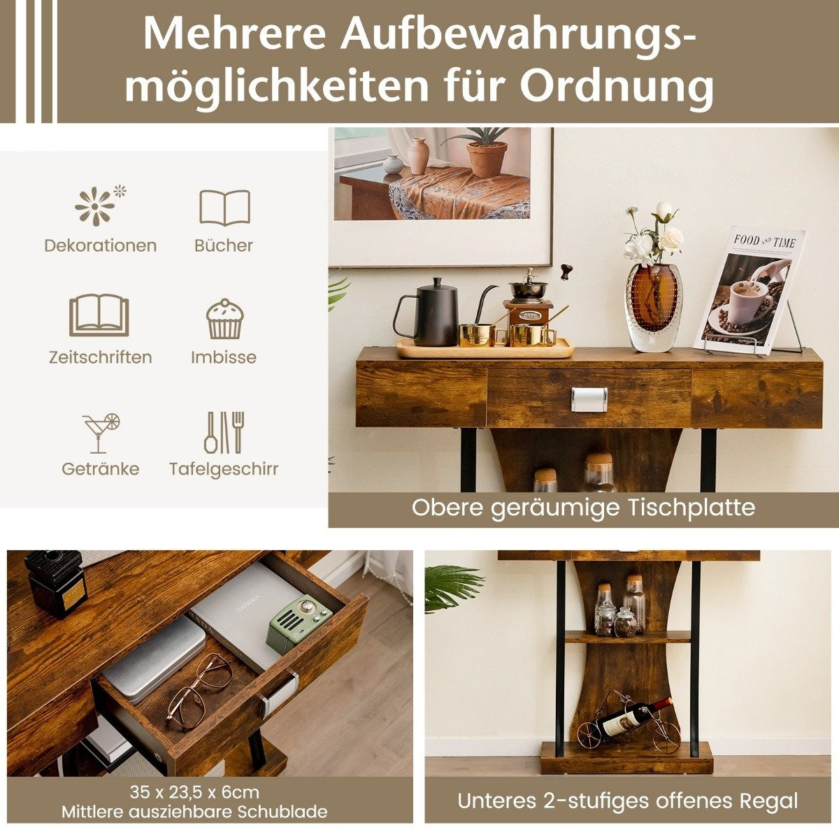 T-Shaped Console Table for Small Spaces 91 x 30 x 88 cm Rustic Brown