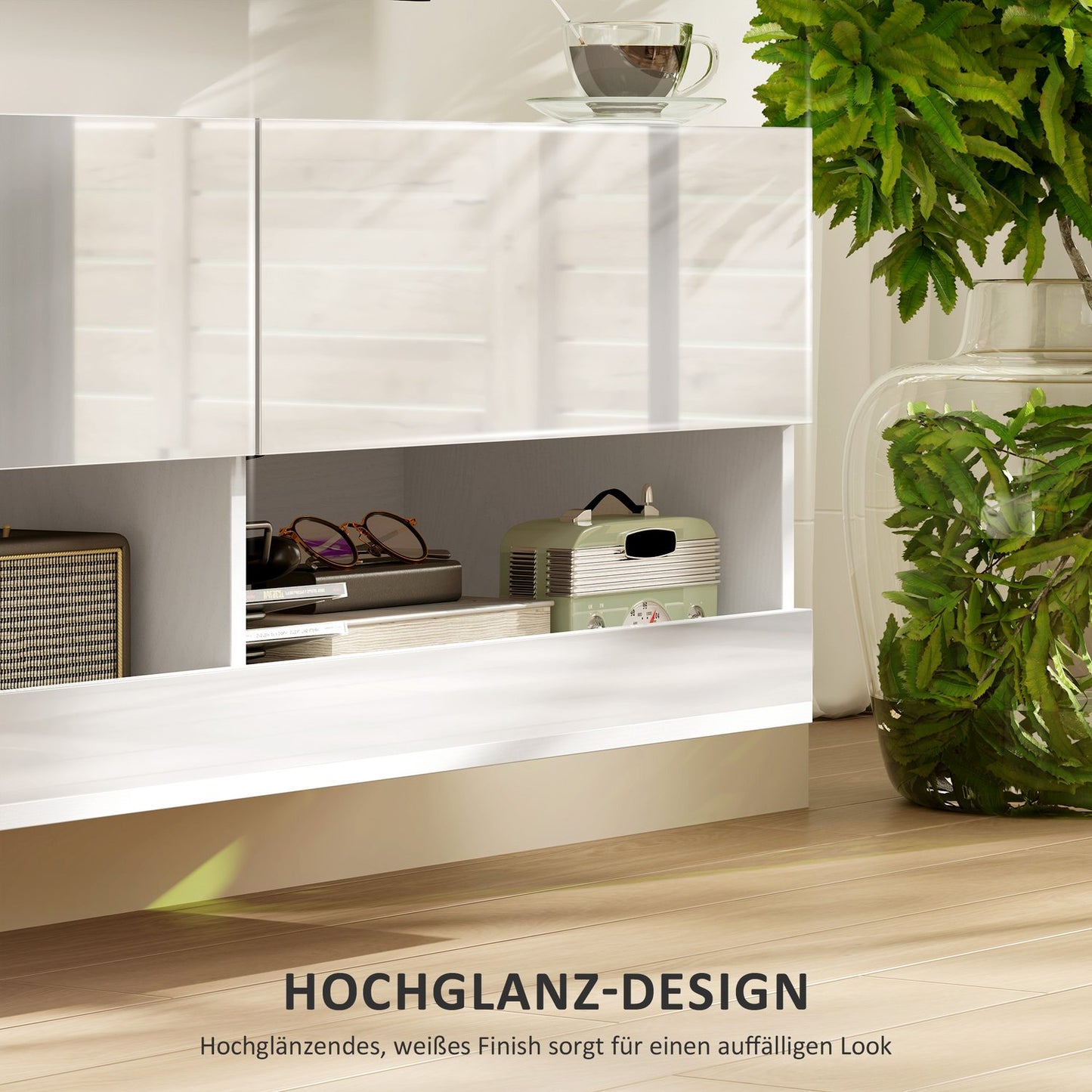 TV wall cabinet with LED light, 16 positions, glossy white