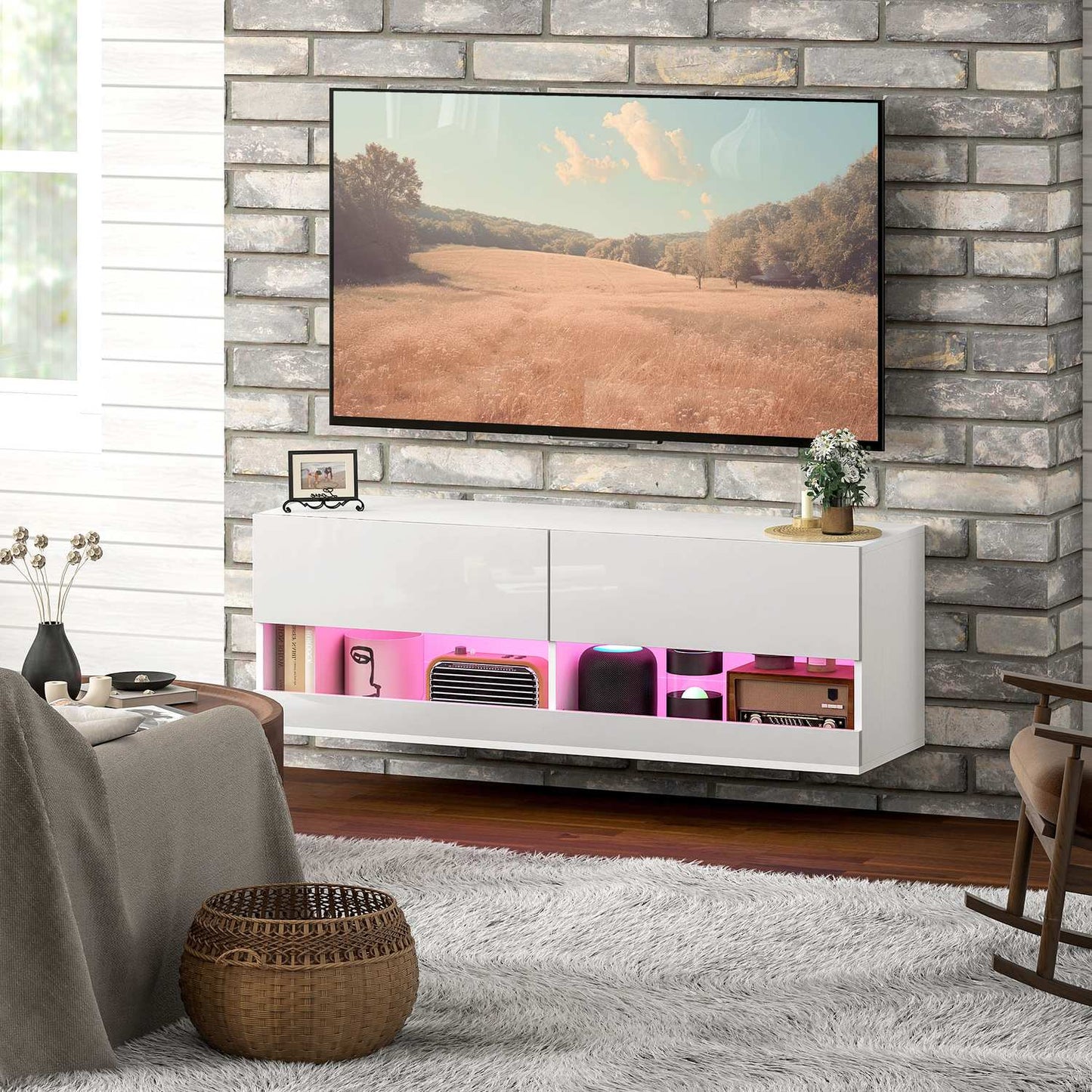TV wall cabinet with LED light, 16 positions, glossy white