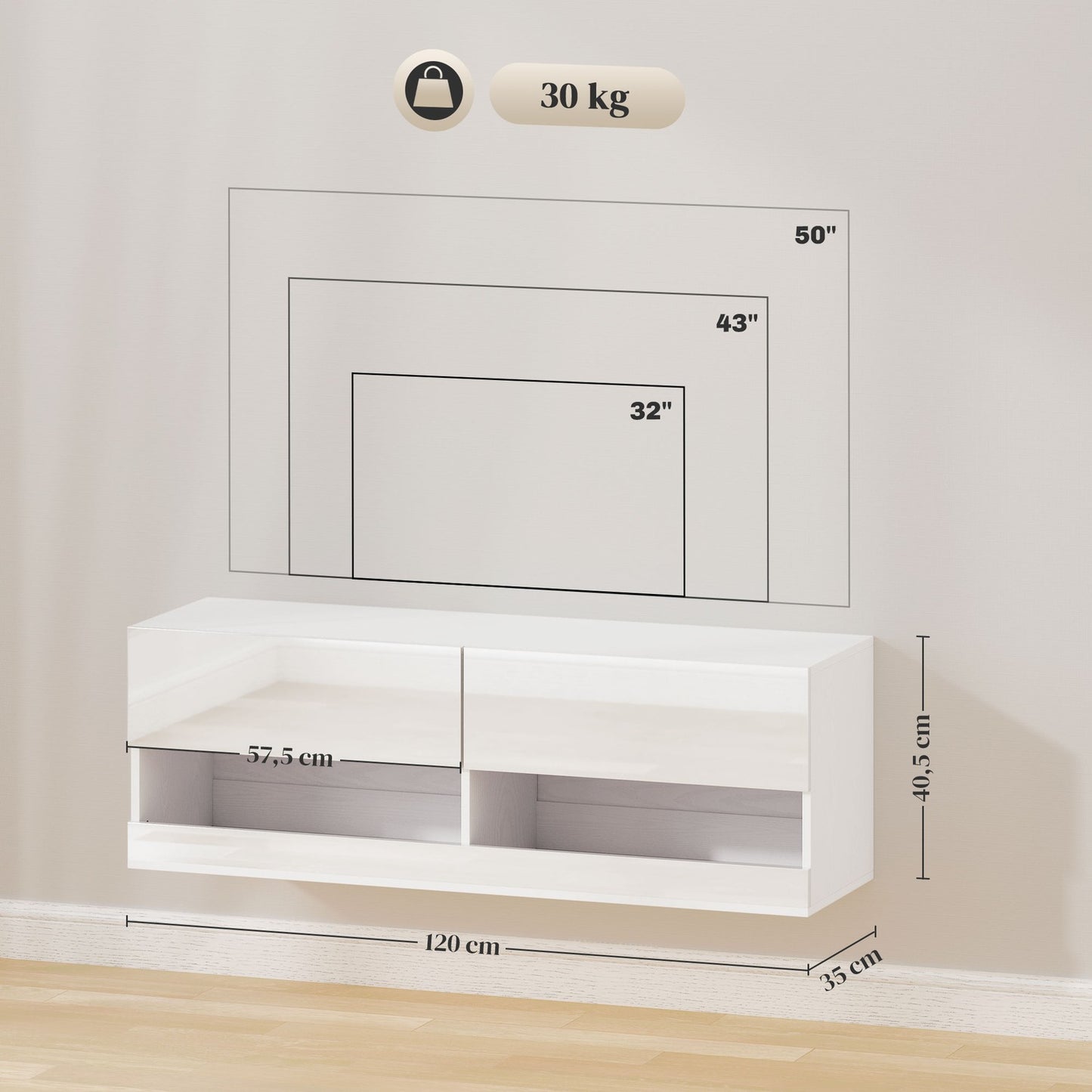 TV wall cabinet with LED light, 16 positions, glossy white