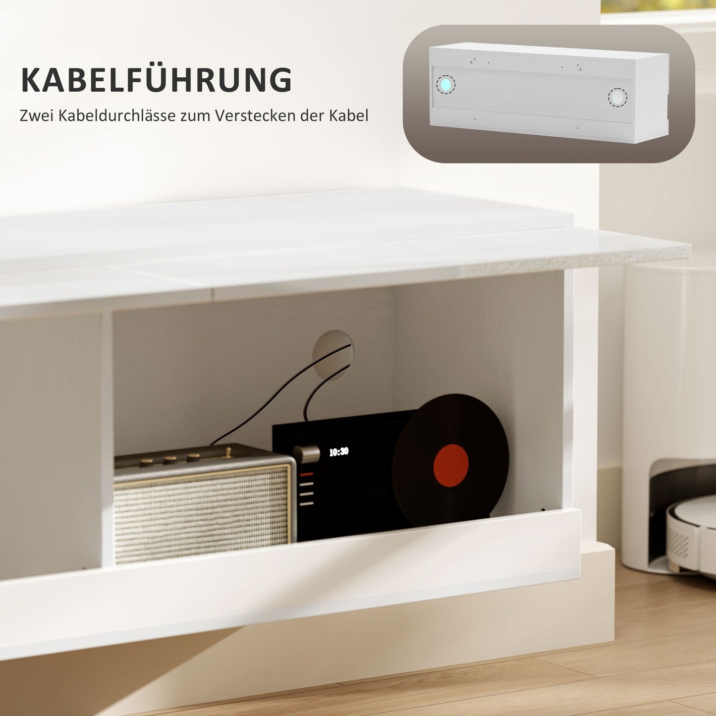 TV wall cabinet with LED light, 16 positions, glossy white