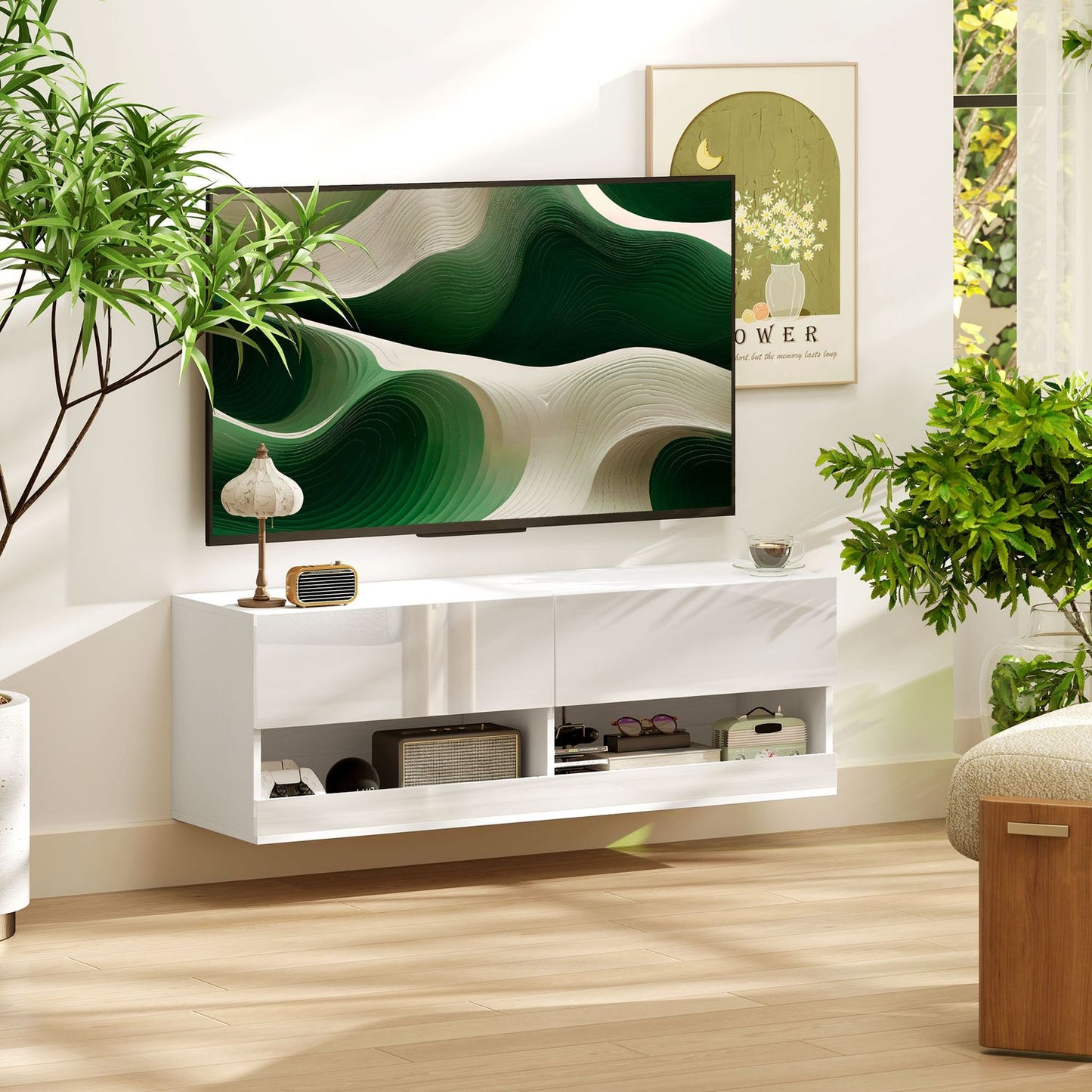 TV wall cabinet with LED light, 16 positions, glossy white
